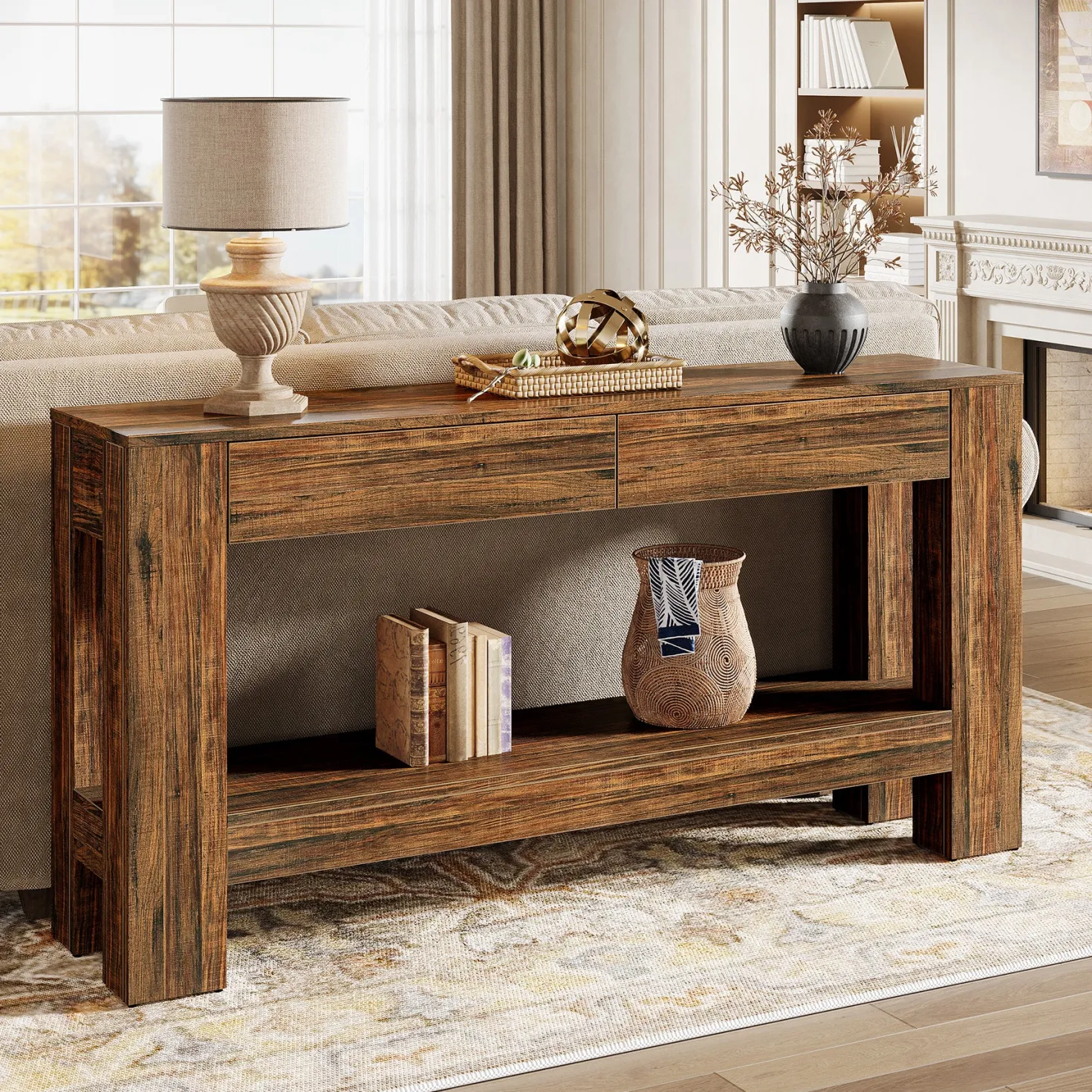 63" Console Table, Farmhouse Wooden Sofa Entryway Table with 2 Drawers