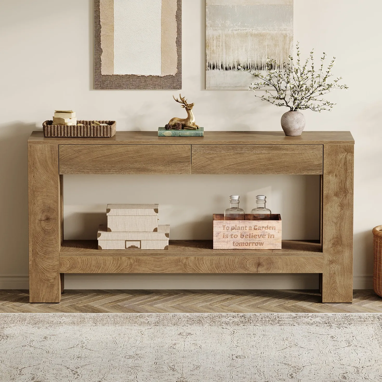 63" Console Table, Farmhouse Wooden Sofa Entryway Table with 2 Drawers