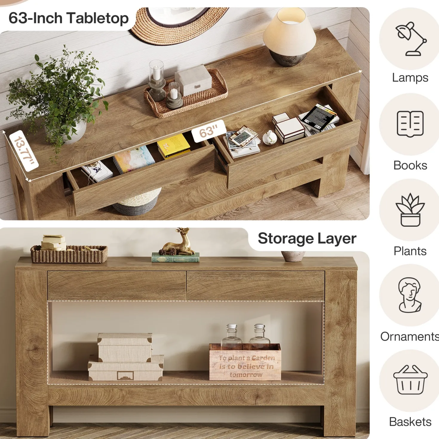 63" Console Table, Farmhouse Wooden Sofa Entryway Table with 2 Drawers