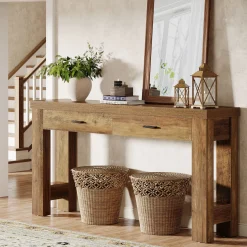 63" Console Table, Farmhouse Entryway Table with H-Shaped Legs and 2 Drawers