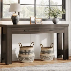63" Console Table, Farmhouse Entryway Table with H-Shaped Legs and 2 Drawers