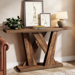 55" Console Table, Farmhouse Entryway Table With Geometric Base