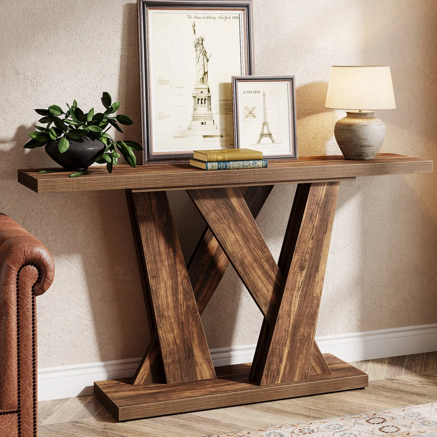 55" Console Table, Farmhouse Entryway Table With Geometric Base