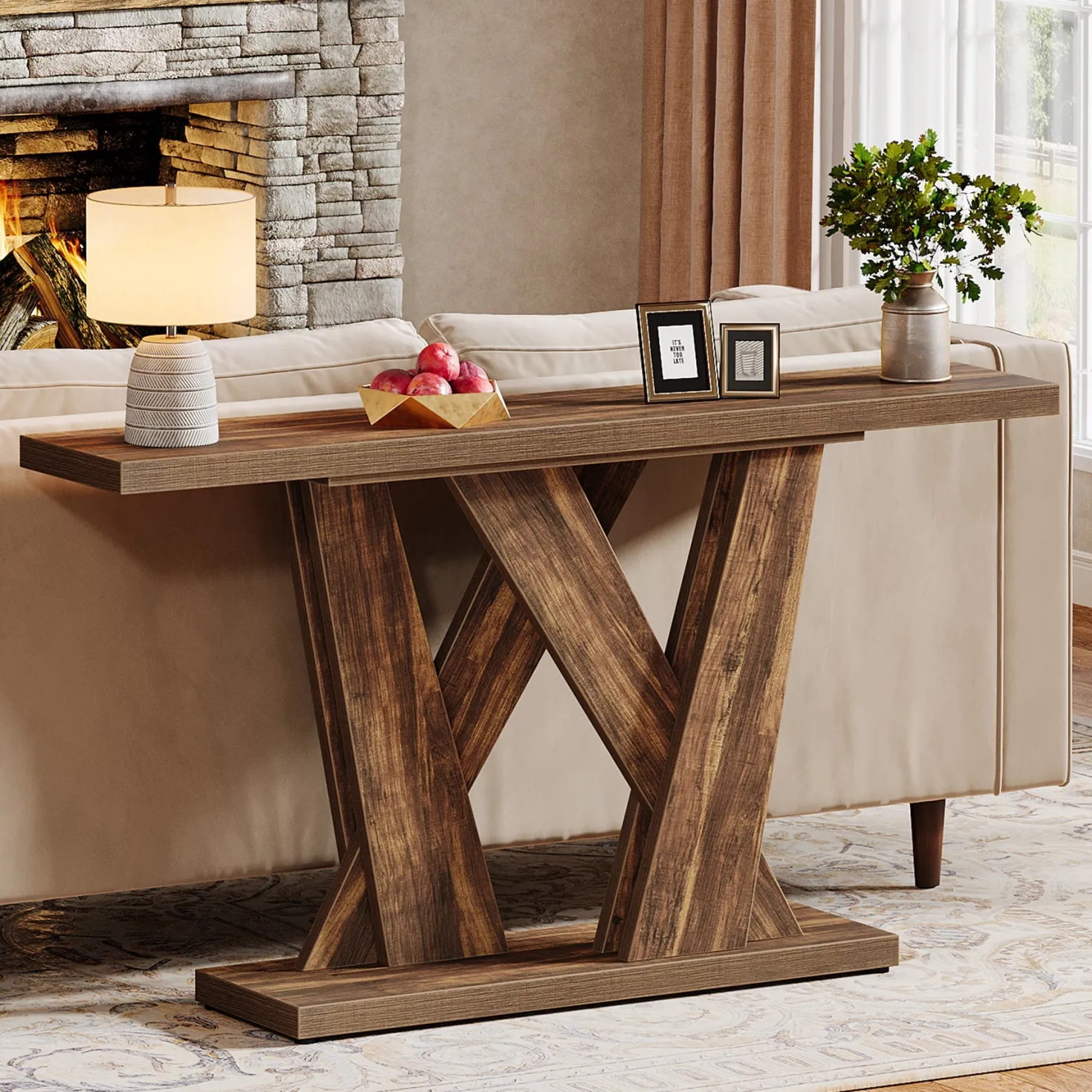 55" Console Table, Farmhouse Entryway Table With Geometric Base