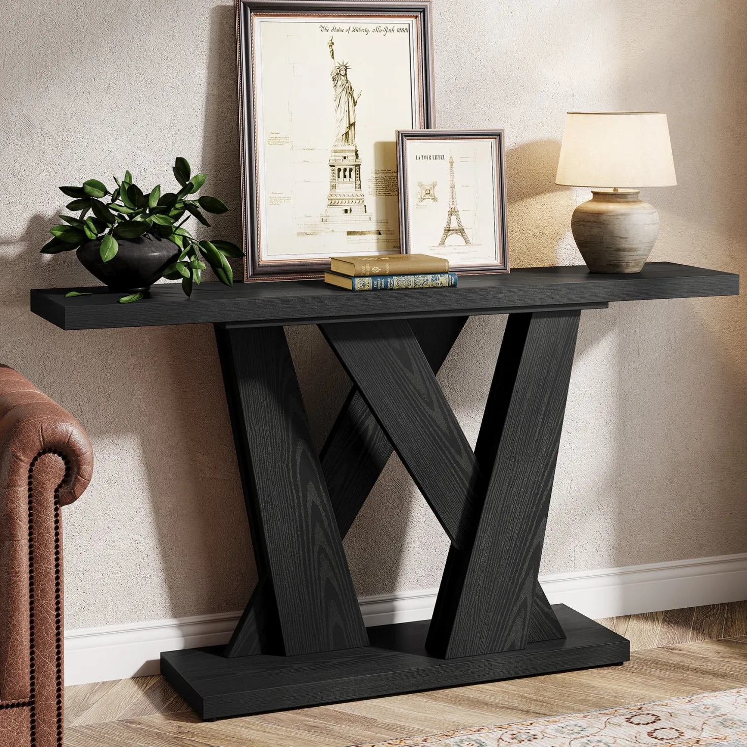 55" Console Table, Farmhouse Entryway Table With Geometric Base