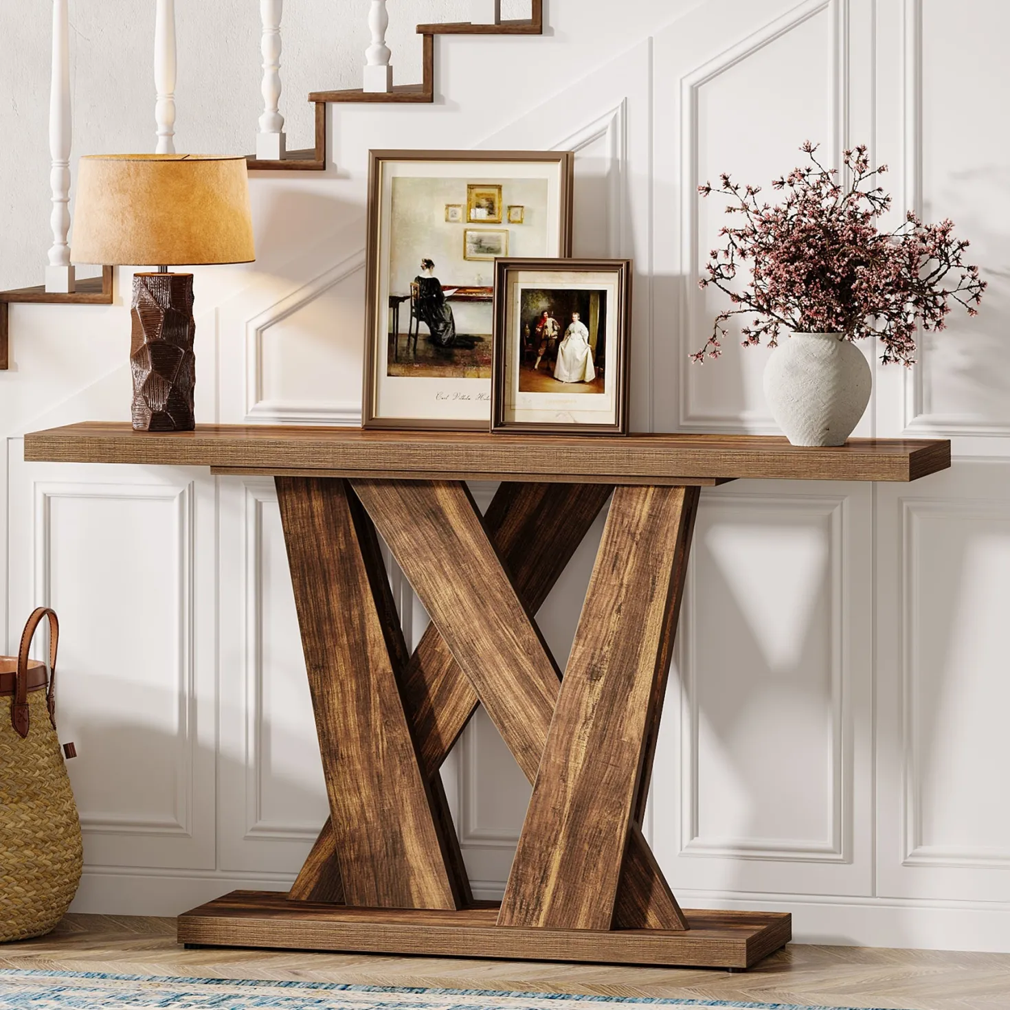 55" Console Table, Farmhouse Entryway Table With Geometric Base