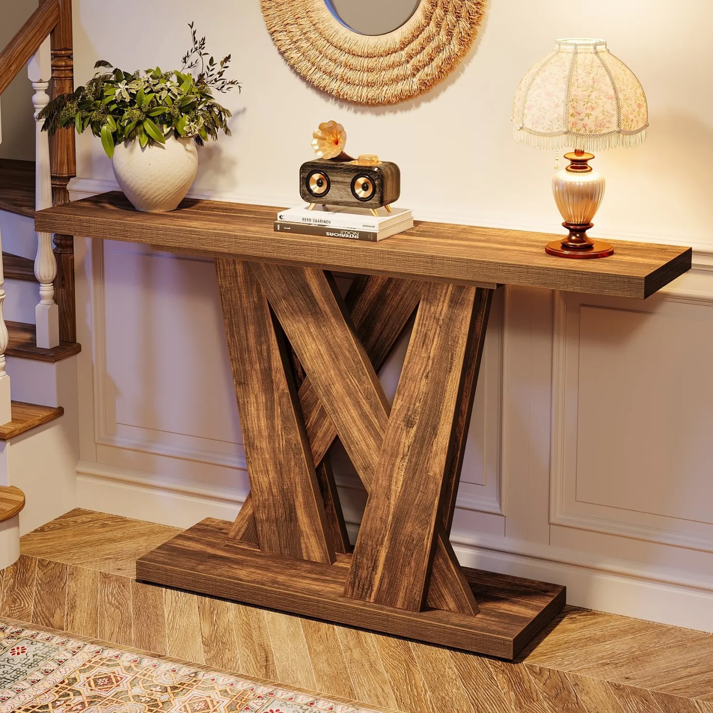 55" Console Table, Farmhouse Entryway Table With Geometric Base