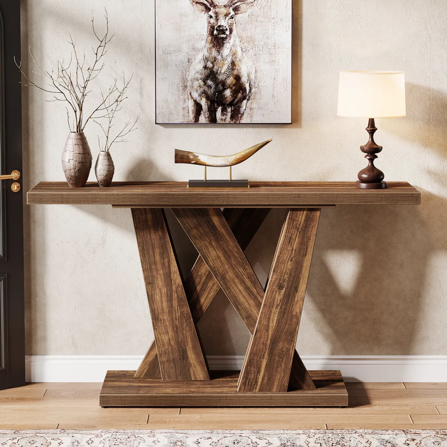 55" Console Table, Farmhouse Entryway Table With Geometric Base