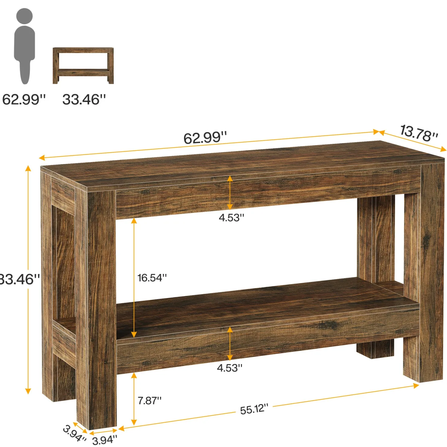 63" Console Table, Farmhouse 2-Tier Entryway Table Sofa Table