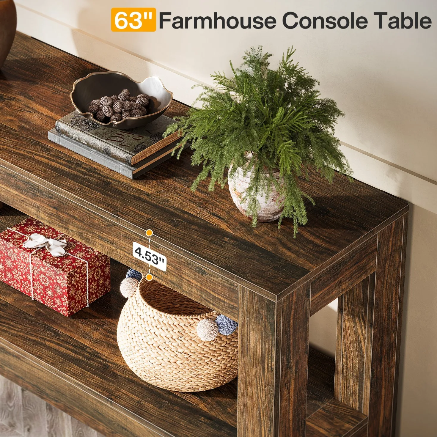 63" Console Table, Farmhouse 2-Tier Entryway Table Sofa Table