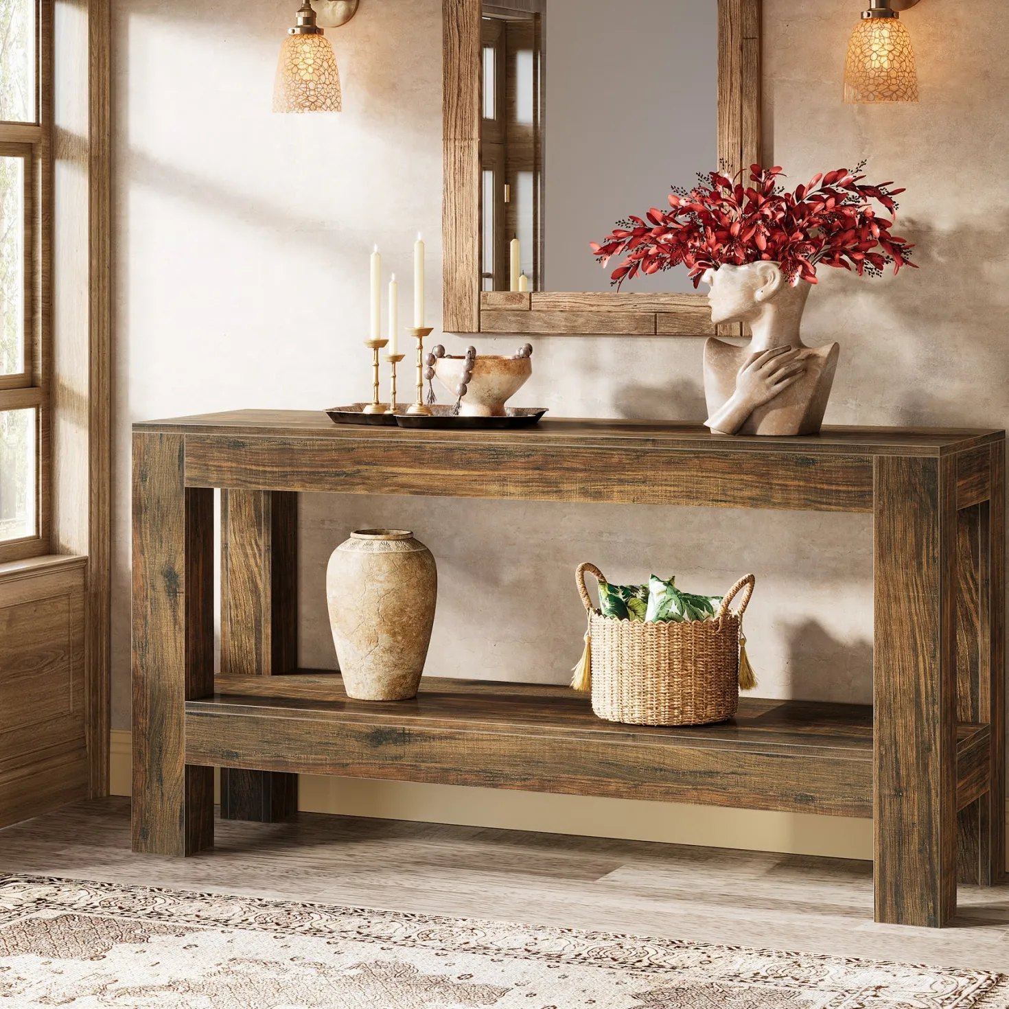 63" Console Table, Farmhouse 2-Tier Entryway Table Sofa Table