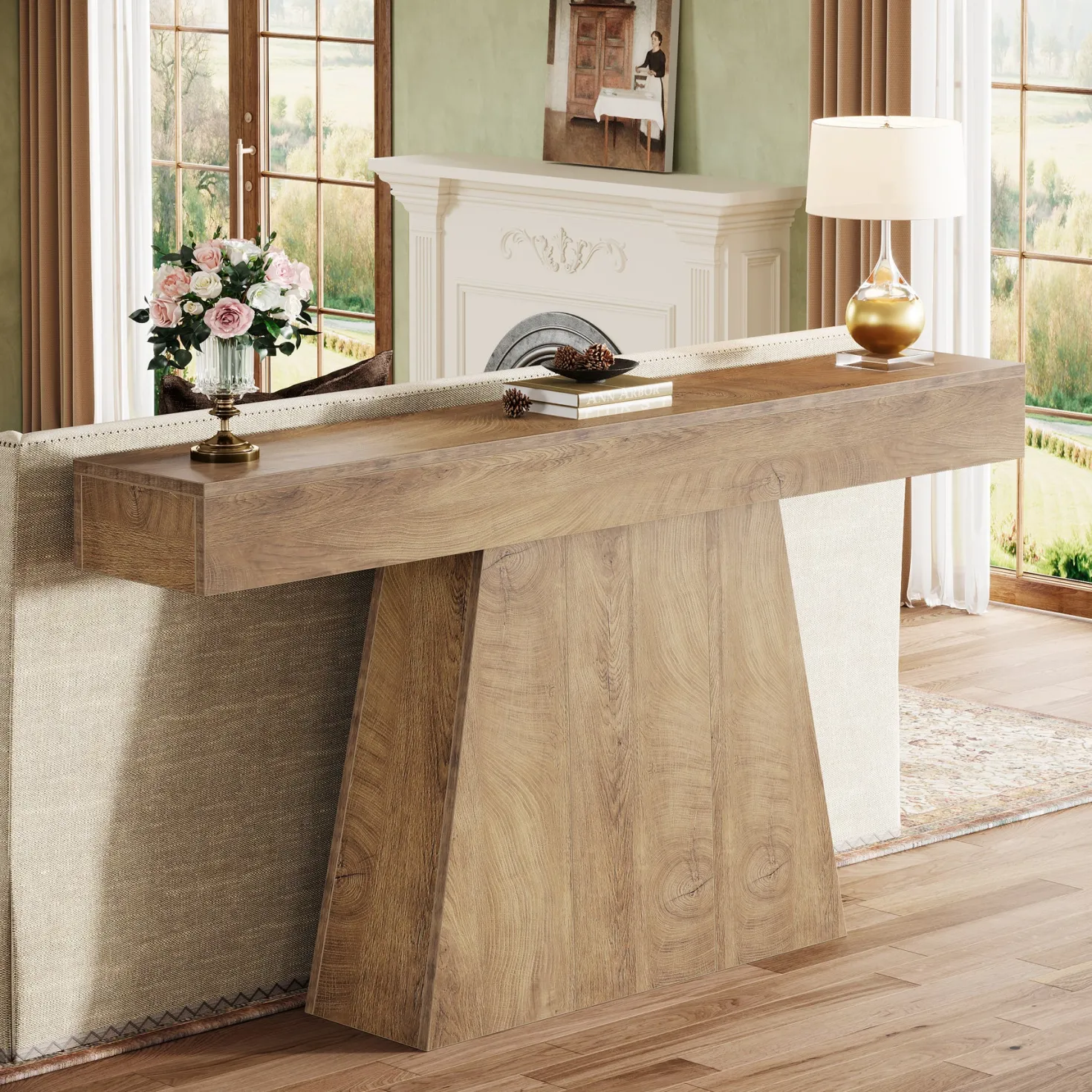 63" Console Table, Farmhouse Entryway Table Sofa Table with Trapezoidal Base
