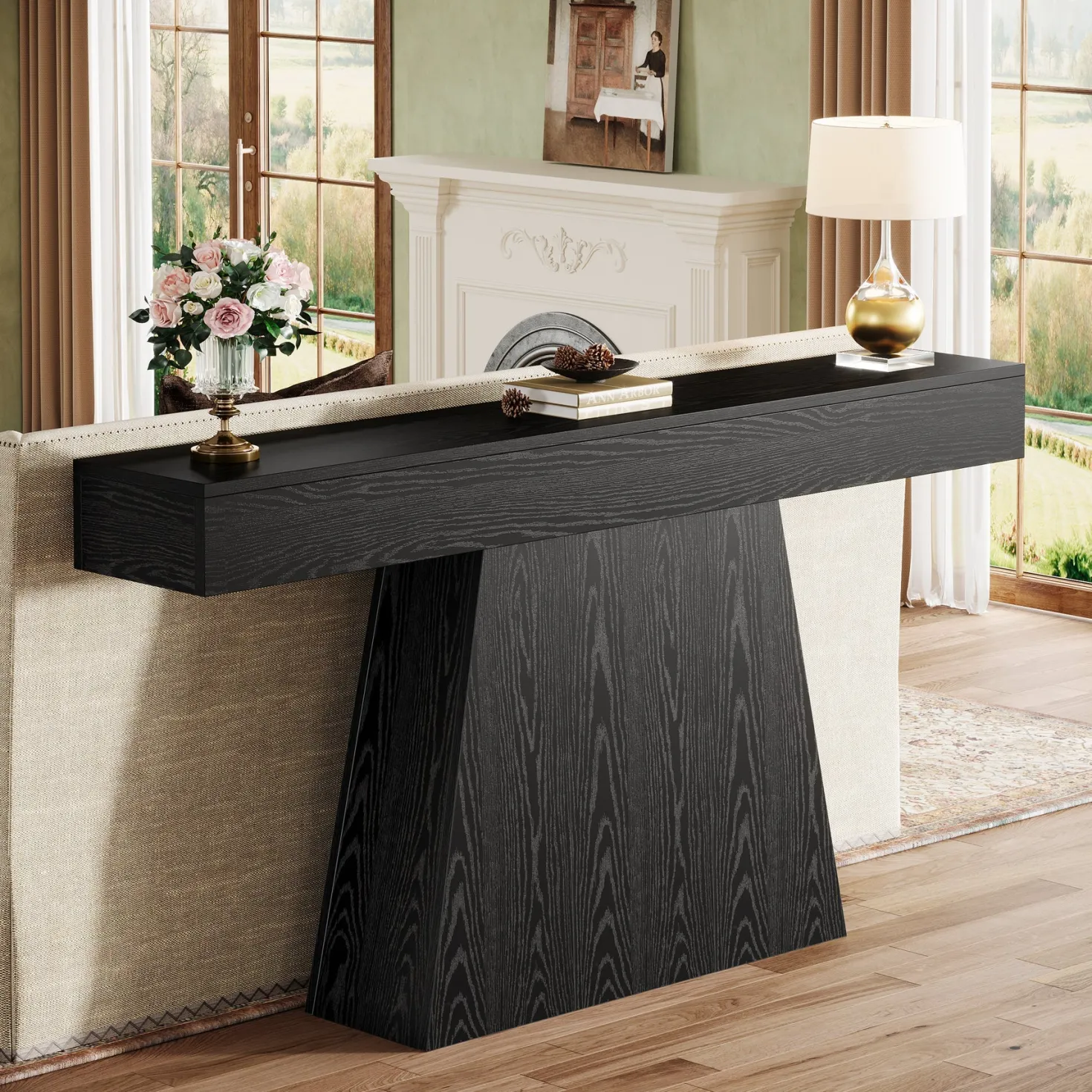 63" Console Table, Farmhouse Entryway Table Sofa Table with Trapezoidal Base