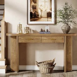 63" Console Table, Farmhouse Oval Curved Entryway Table with 2 Drawers