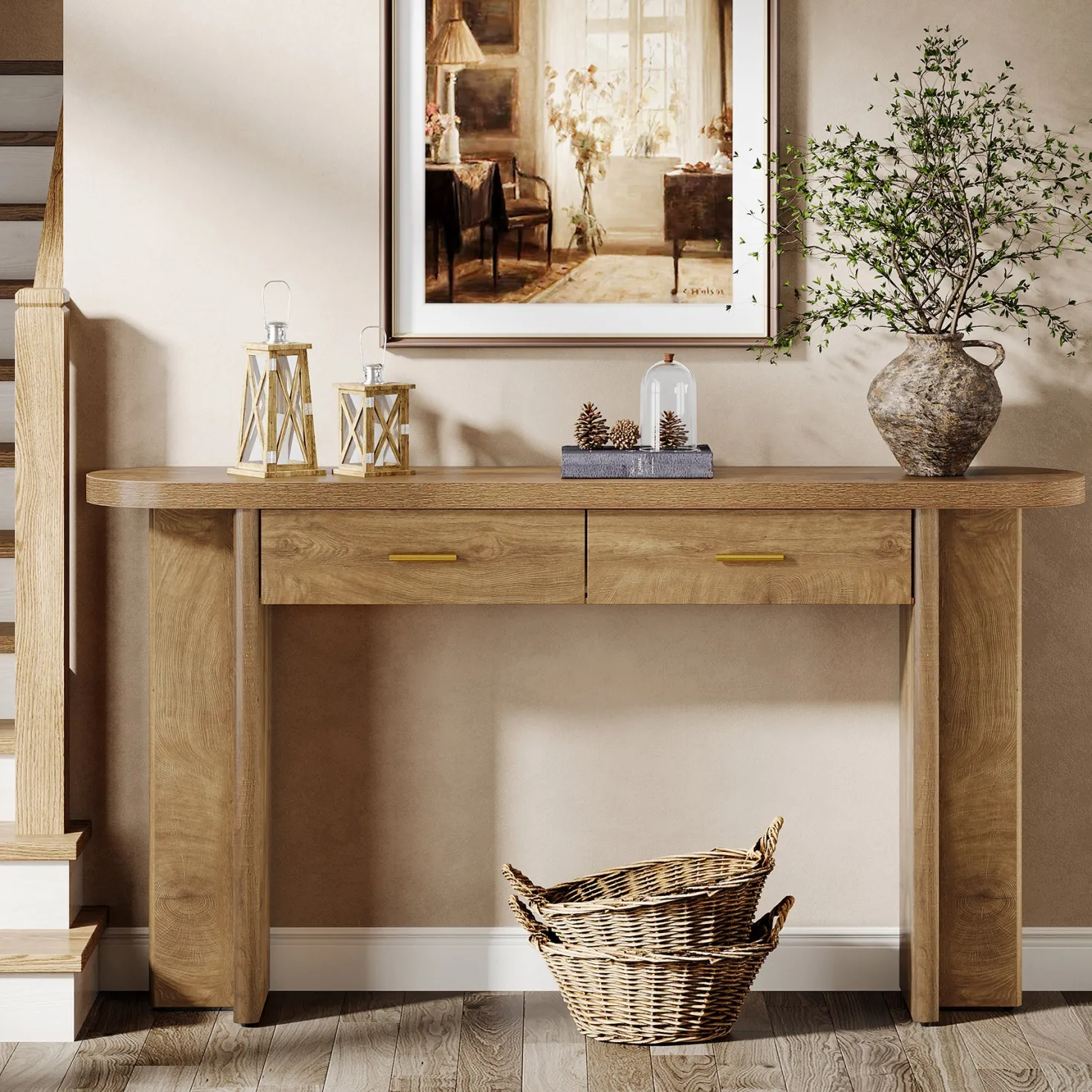 63" Console Table, Farmhouse Oval Curved Entryway Table with 2 Drawers