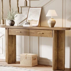 63" Console Table, Farmhouse Oval Curved Entryway Table with 2 Drawers