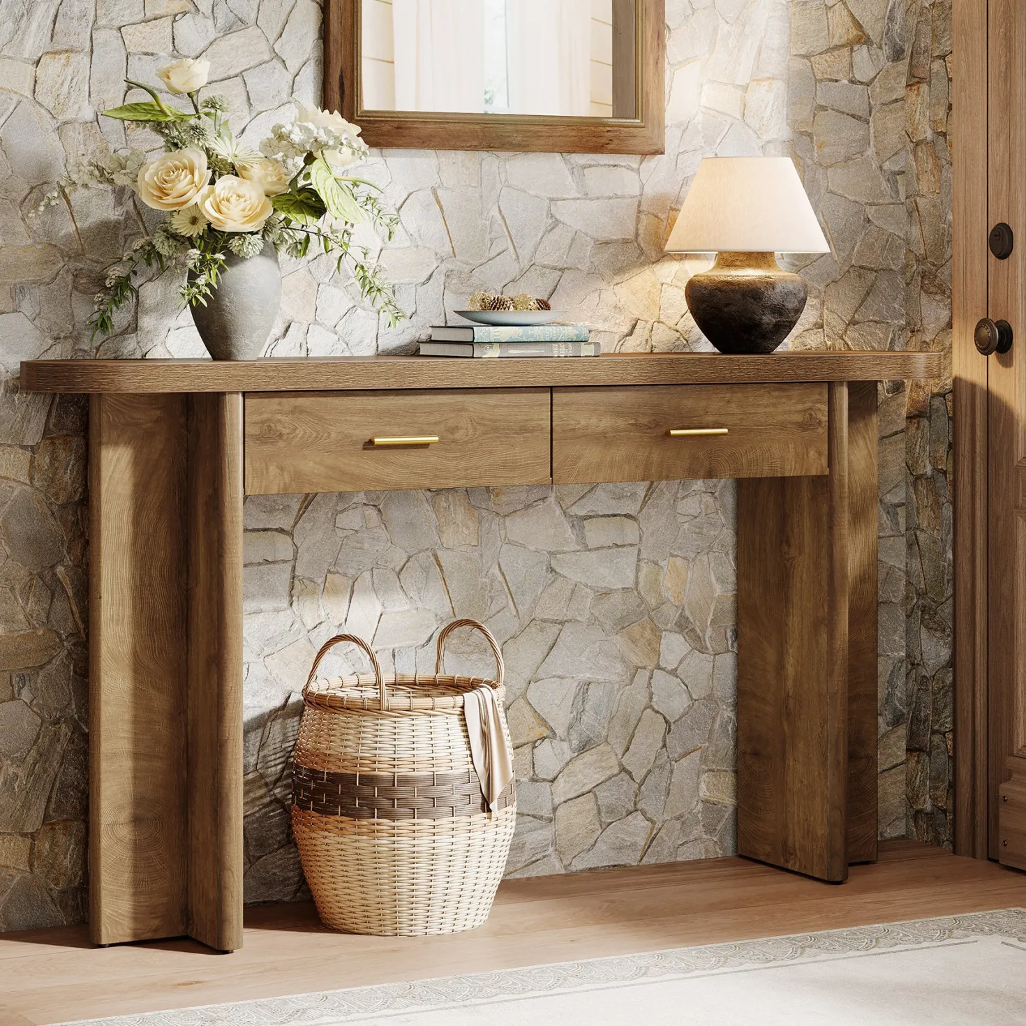 63" Console Table, Farmhouse Oval Curved Entryway Table with 2 Drawers
