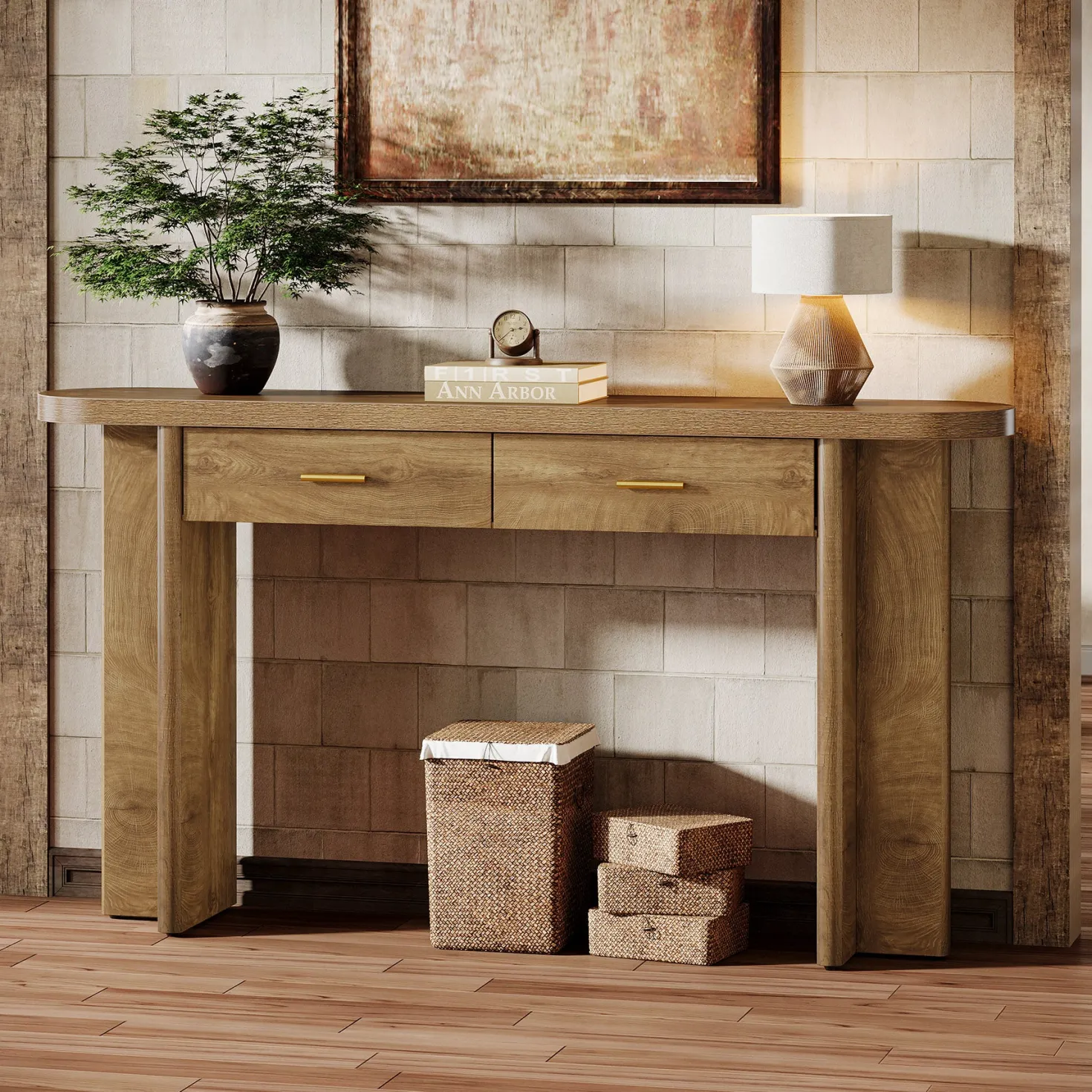 63" Console Table, Farmhouse Oval Curved Entryway Table with 2 Drawers