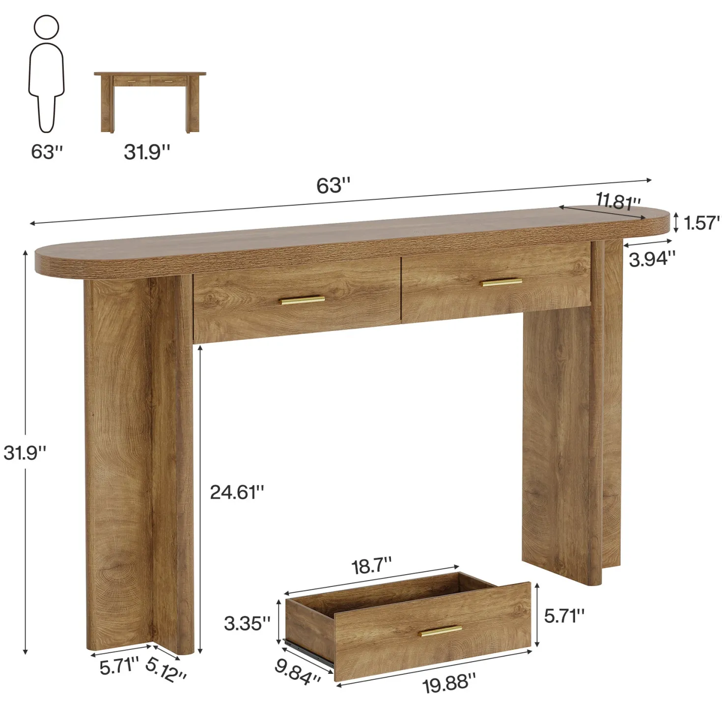 63" Console Table, Farmhouse Oval Curved Entryway Table with 2 Drawers