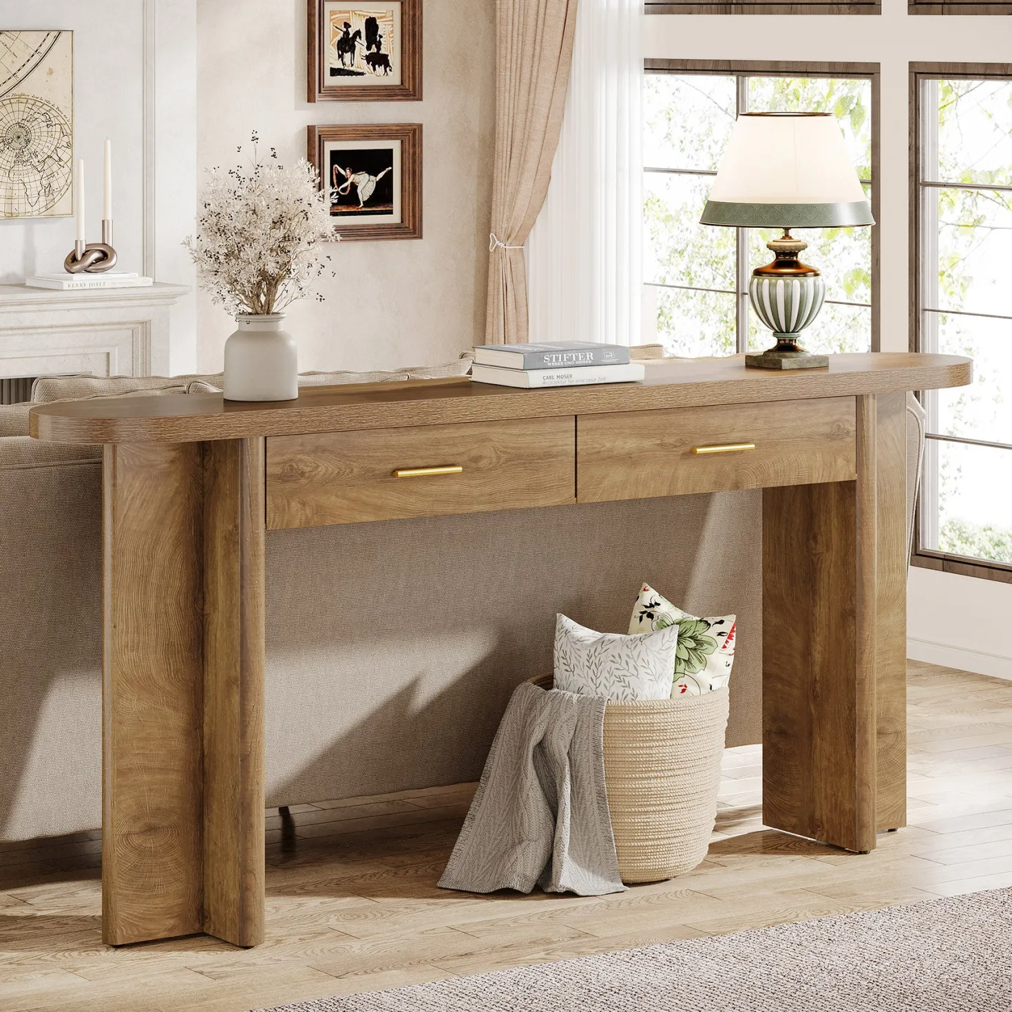 63" Console Table, Farmhouse Oval Curved Entryway Table with 2 Drawers