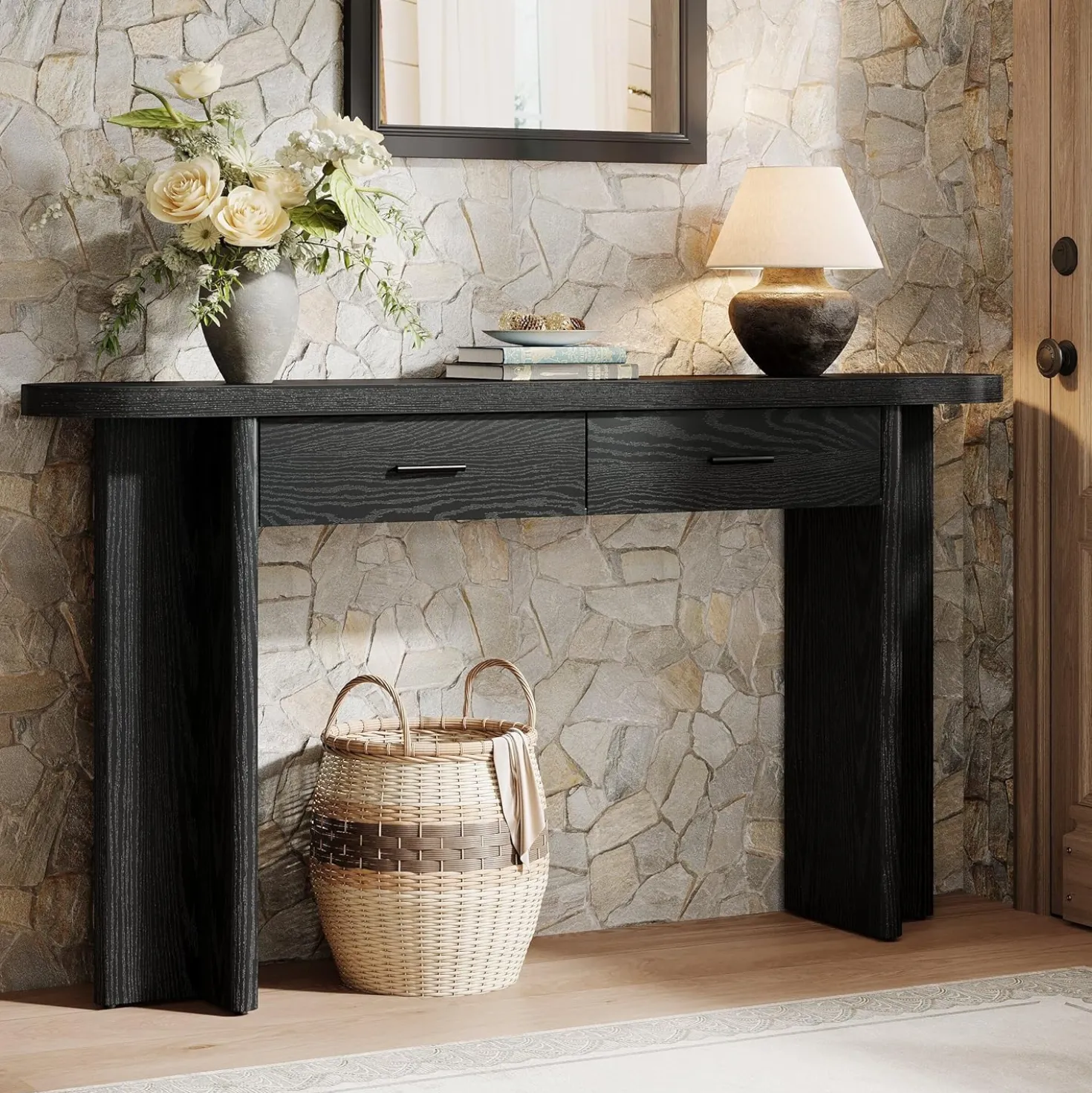 63" Console Table, Farmhouse Oval Curved Entryway Table with 2 Drawers