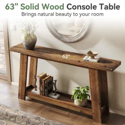 63" Console Table, Farmhouse Wood Sofa Entryway Table with 2-Tier Shelf