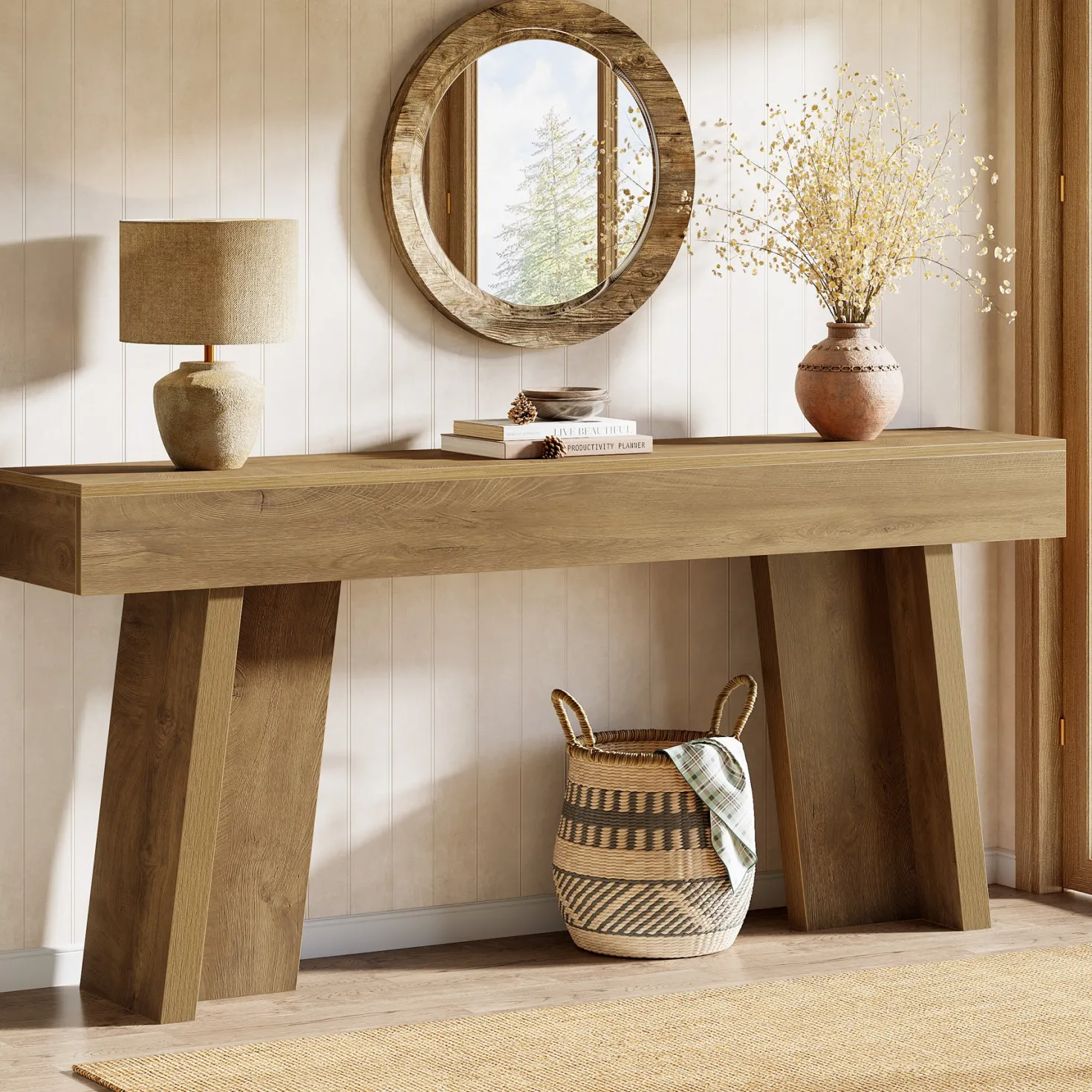 70.9" Console Table, Farmhouse Narrow Entryway Table Behind The Couch