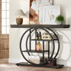 41.3" Console Table, Industrial 4-Tier Sofa Entryway Table with Circle Base