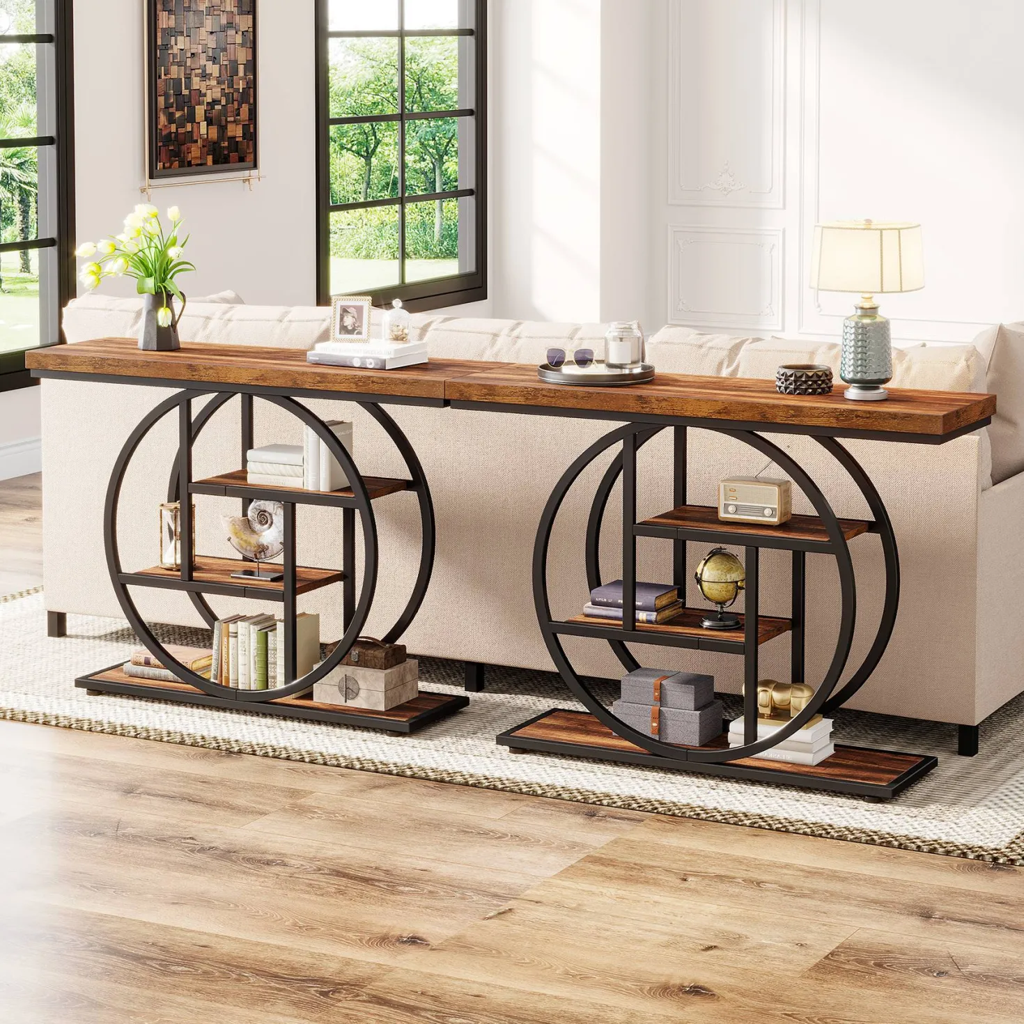 41.3" Console Table, Industrial 4-Tier Sofa Entryway Table with Circle Base
