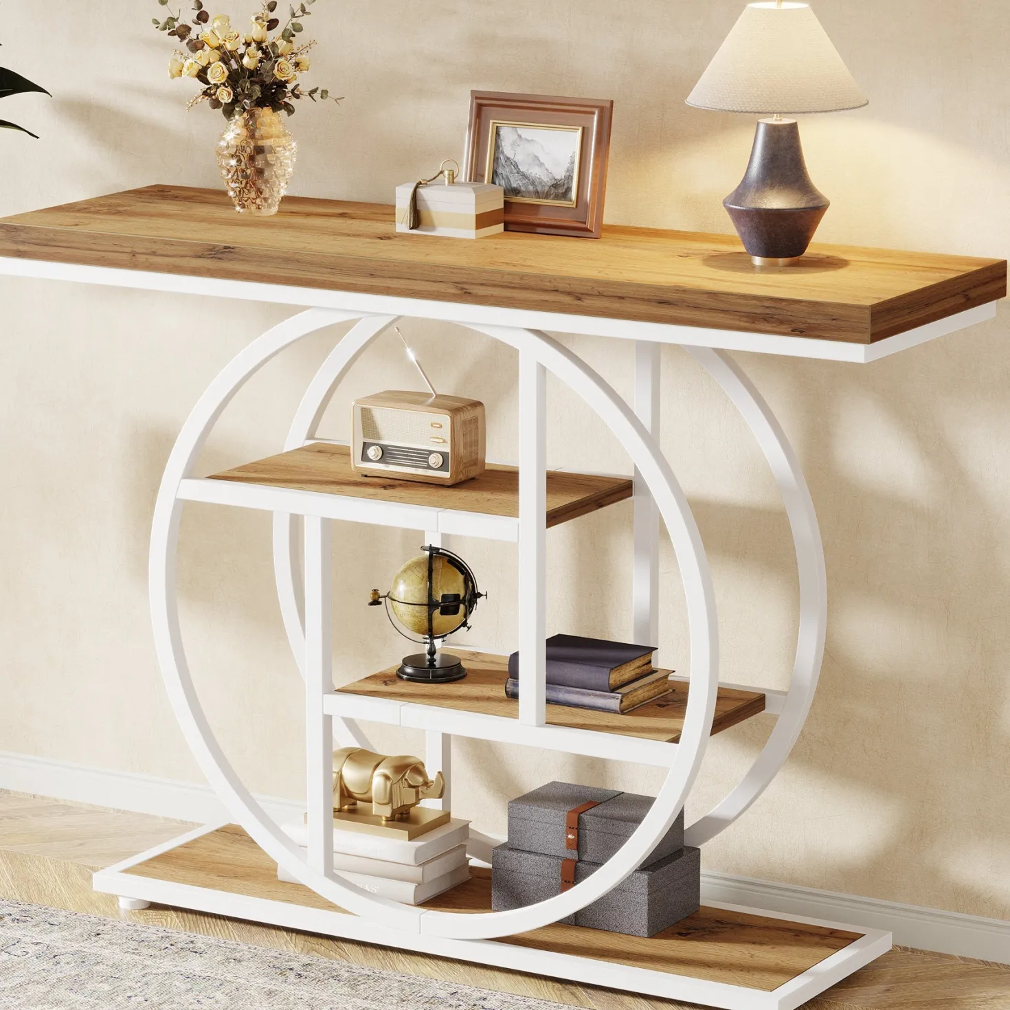 41.3" Console Table, Industrial 4-Tier Sofa Entryway Table with Circle Base