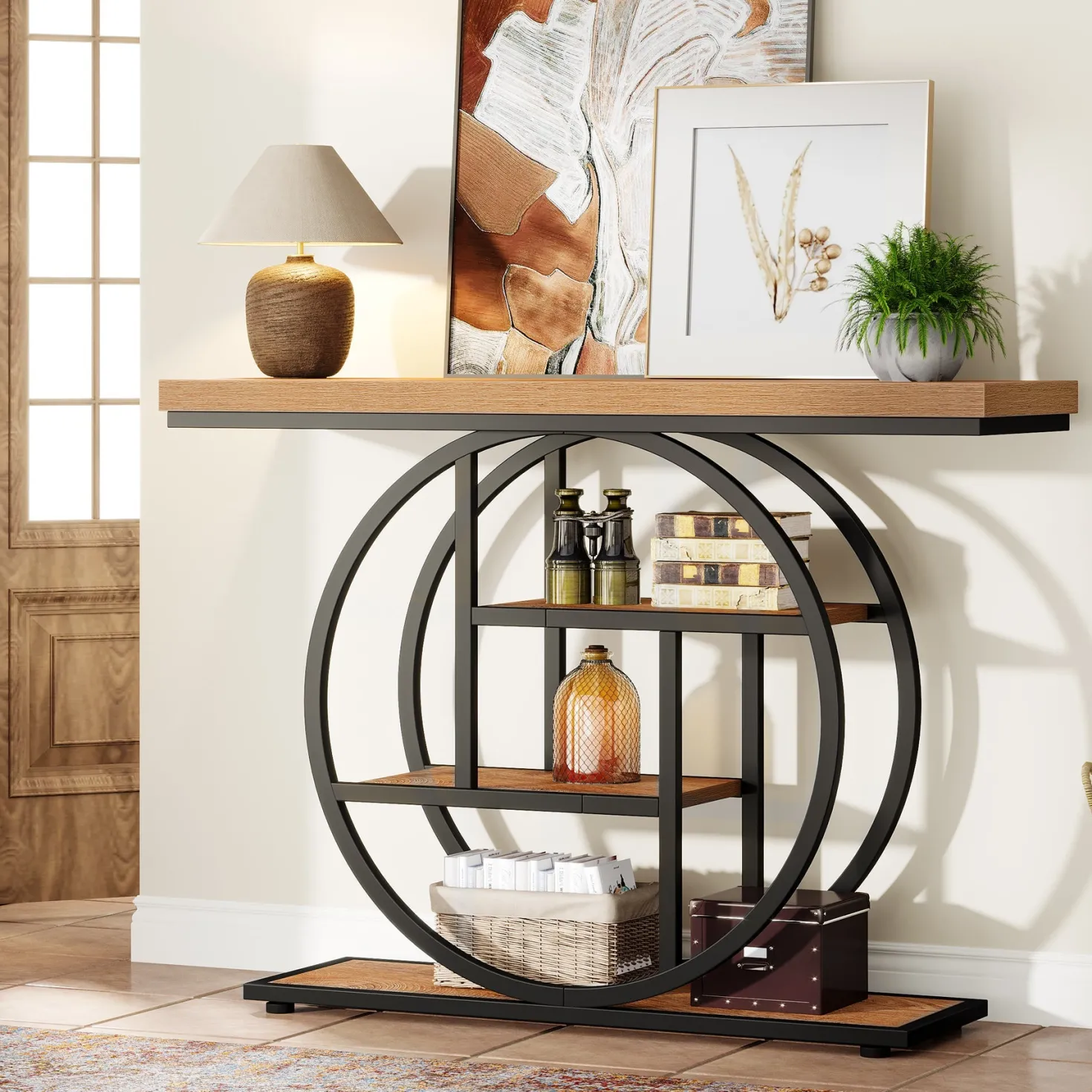 41.3" Console Table, Industrial 4-Tier Sofa Entryway Table with Circle Base