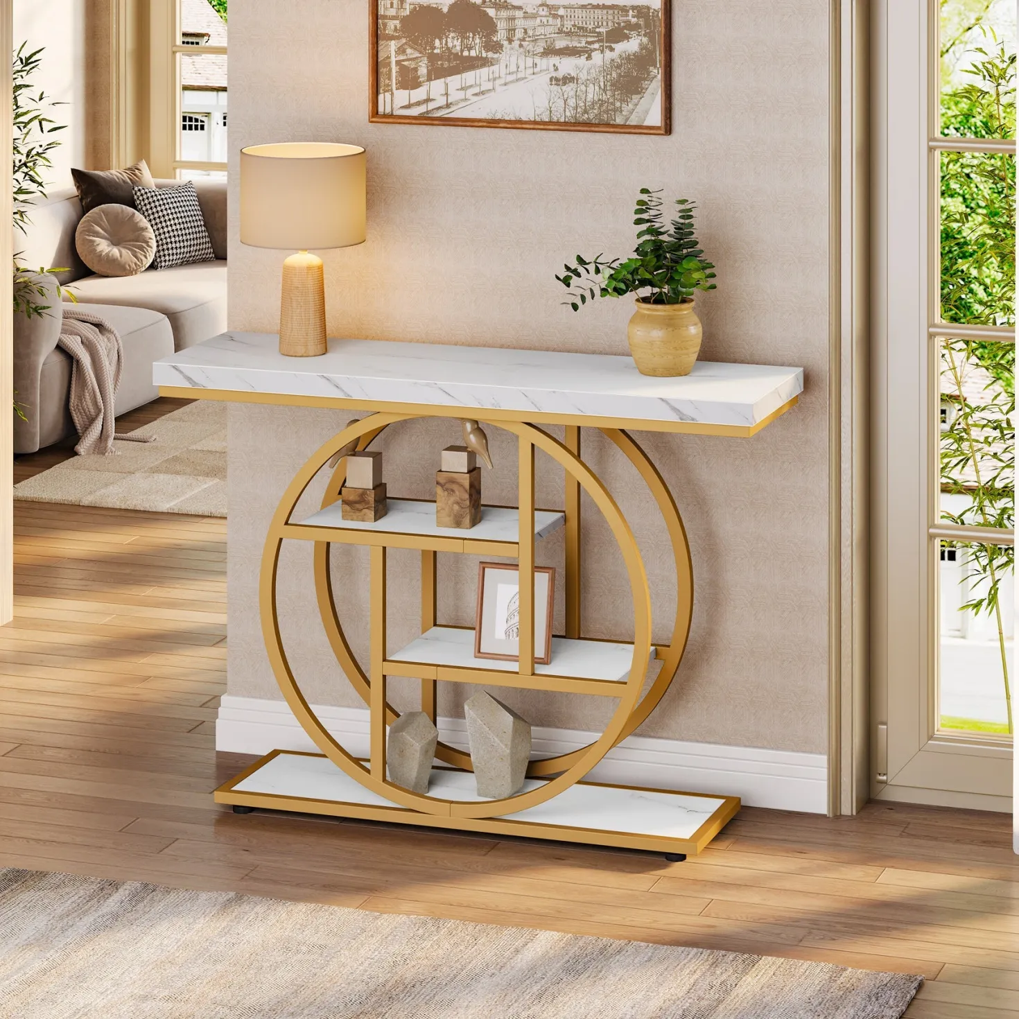 41.3" Console Table, Industrial 4-Tier Sofa Entryway Table with Circle Base