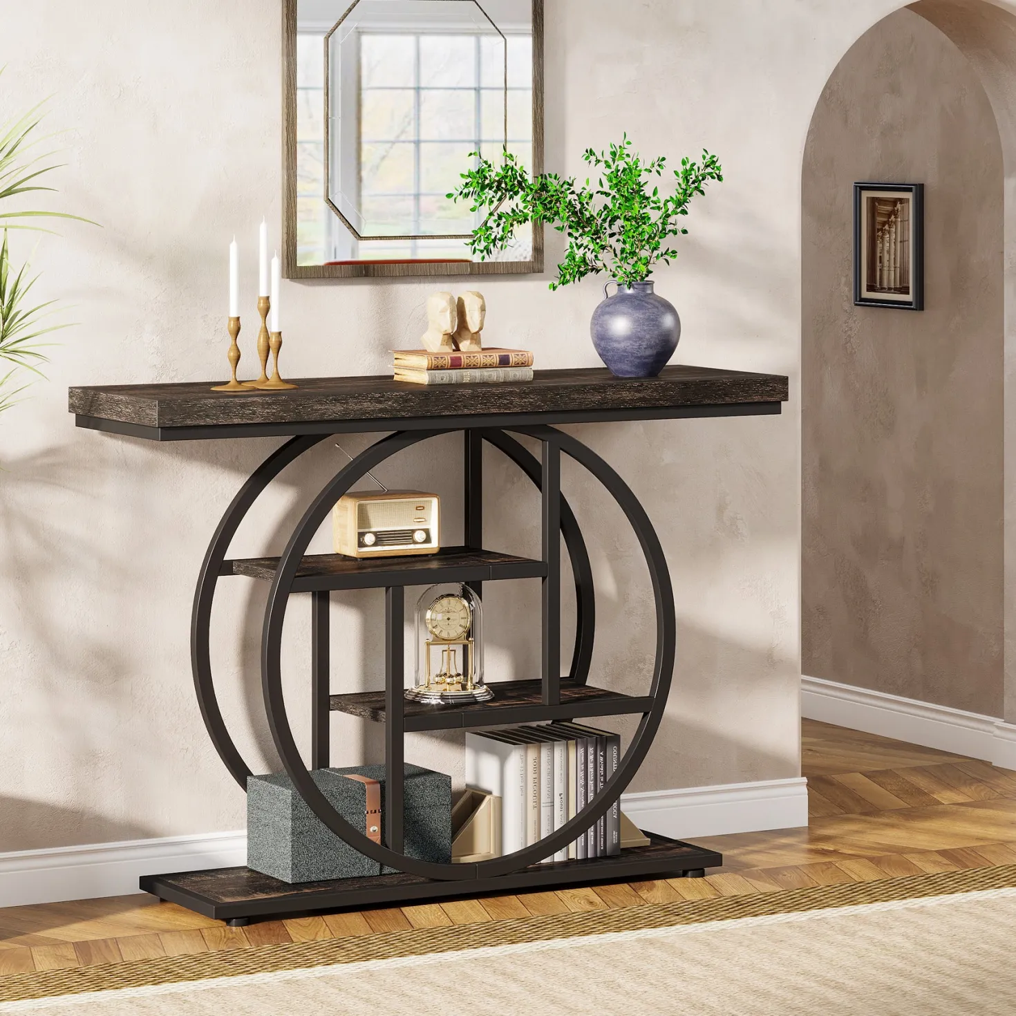 41.3" Console Table, Industrial 4-Tier Sofa Table Entryway Table with Circle Base