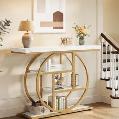 41.3" Console Table, Industrial 4-Tier Sofa Table Entryway Table with Circle Base