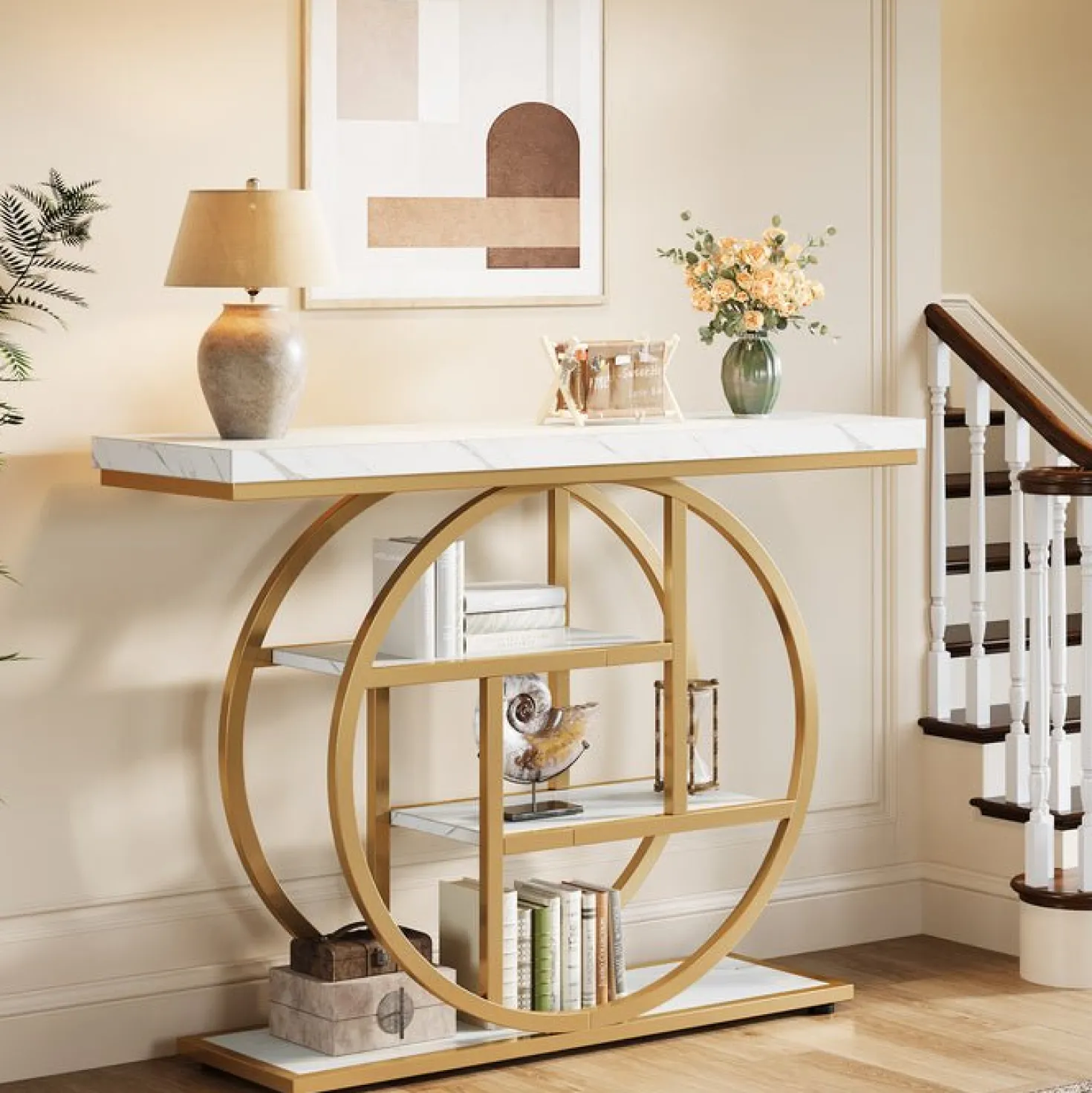 41.3" Console Table, Industrial 4-Tier Sofa Table Entryway Table with Circle Base