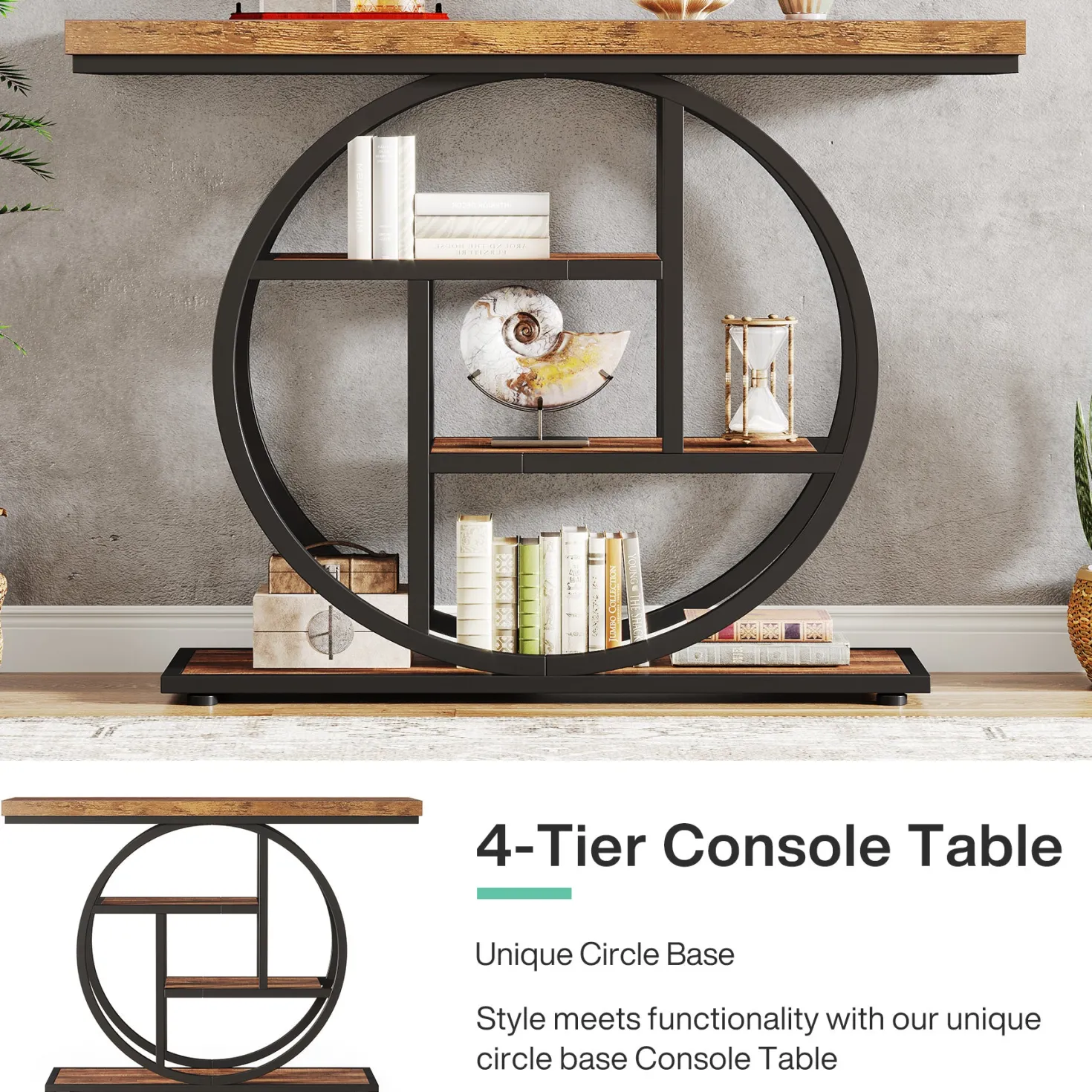 41.3" Console Table, Industrial 4-Tier Sofa Table Entryway Table with Circle Base