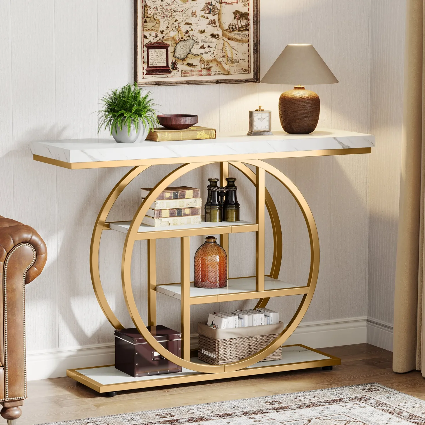 41.3" Console Table, Industrial 4-Tier Sofa Table Entryway Table with Circle Base
