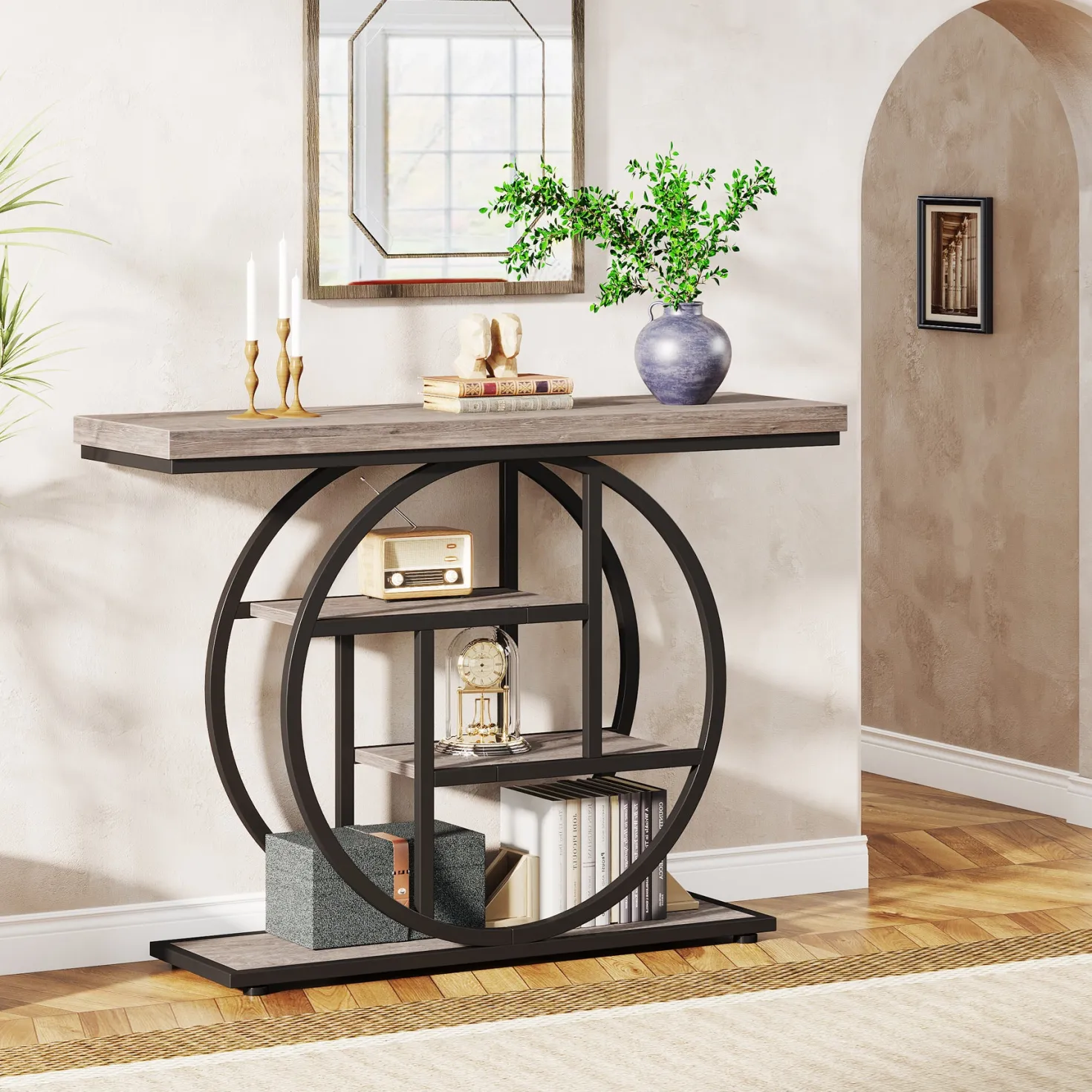 41.3" Console Table, Industrial 4-Tier Sofa Table Entryway Table with Circle Base