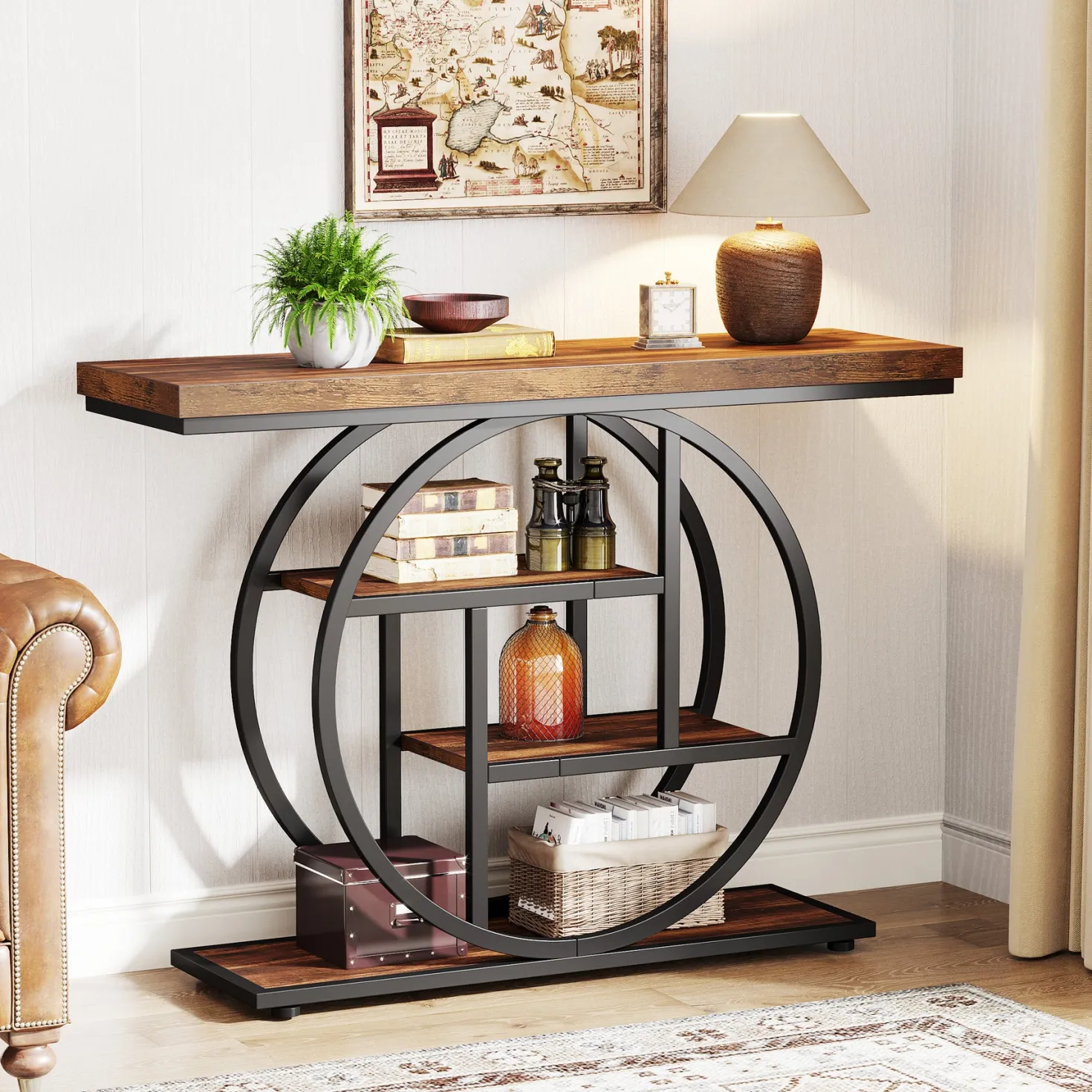 41.3" Console Table, Industrial 4-Tier Sofa Table Entryway Table with Circle Base