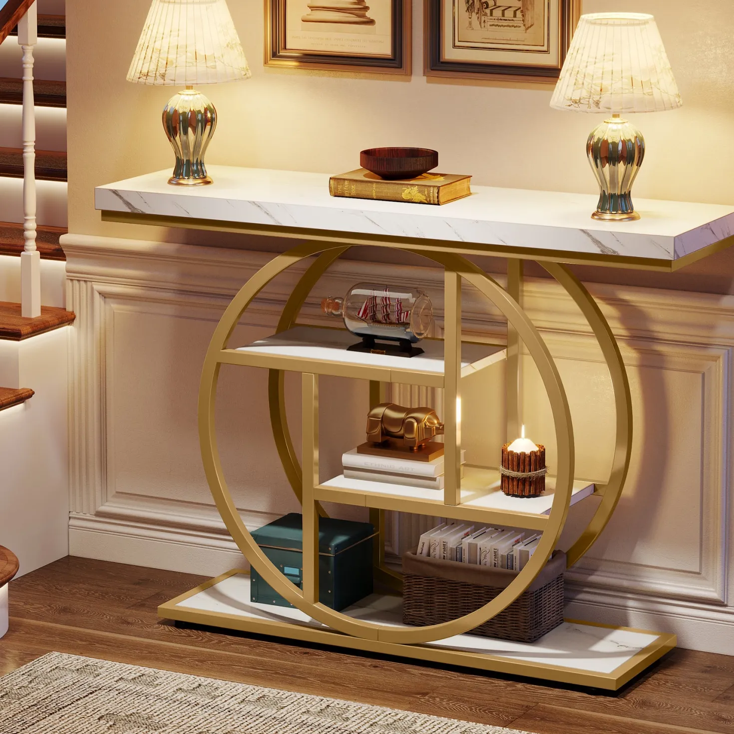 41.3" Console Table, Industrial 4-Tier Sofa Table Entryway Table with Circle Base