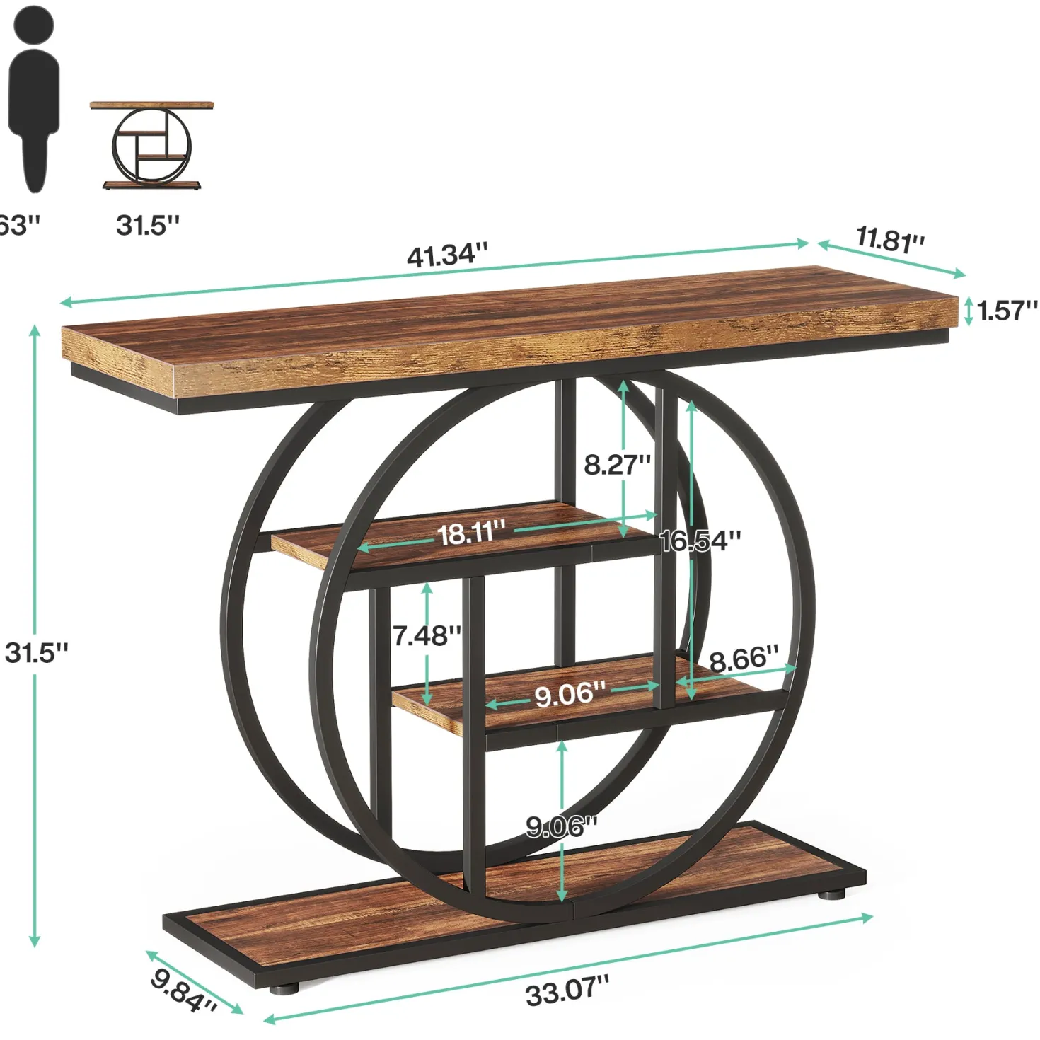 41.3" Console Table, Industrial 4-Tier Sofa Table Entryway Table with Circle Base