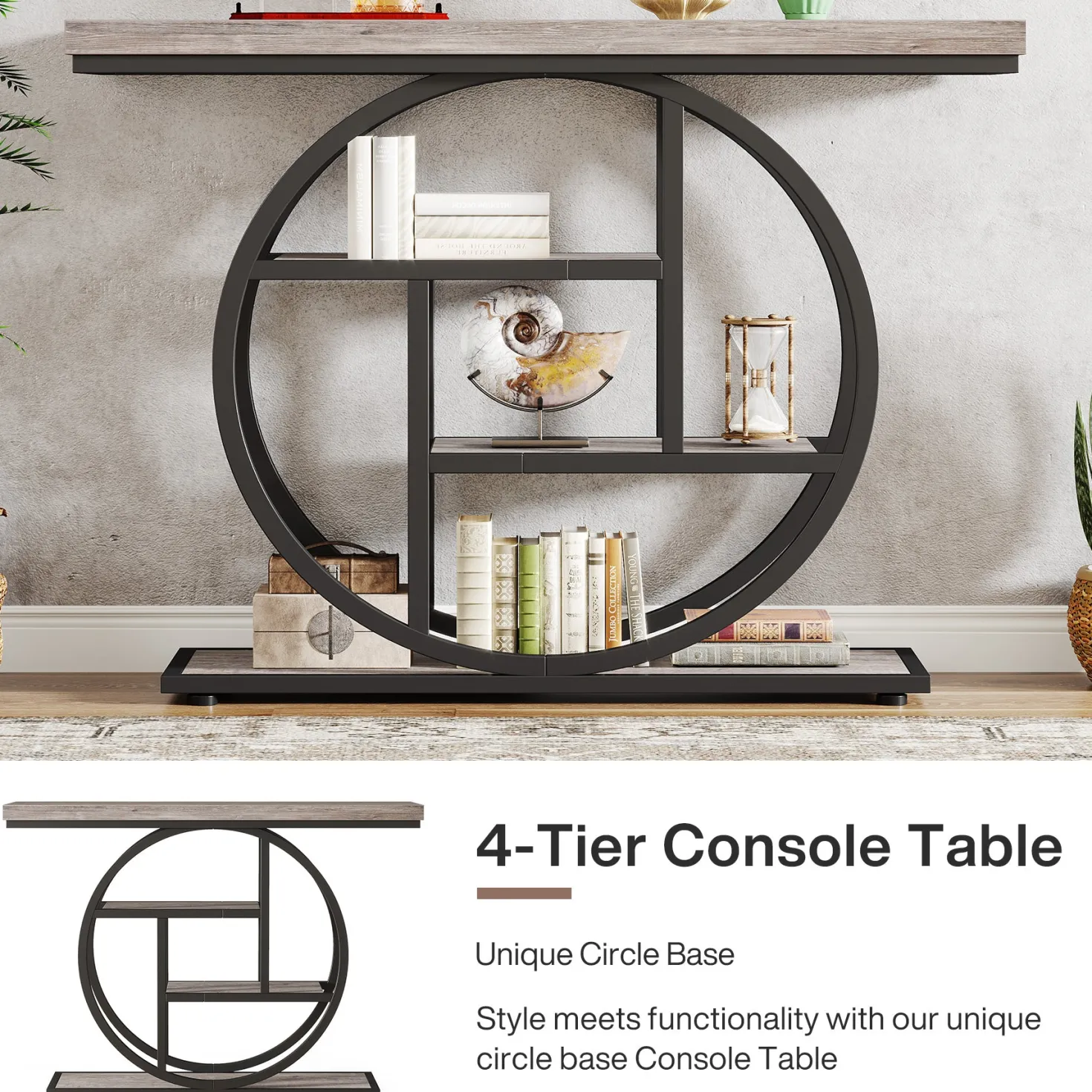 41.3" Console Table, Industrial 4-Tier Sofa Table Entryway Table with Circle Base