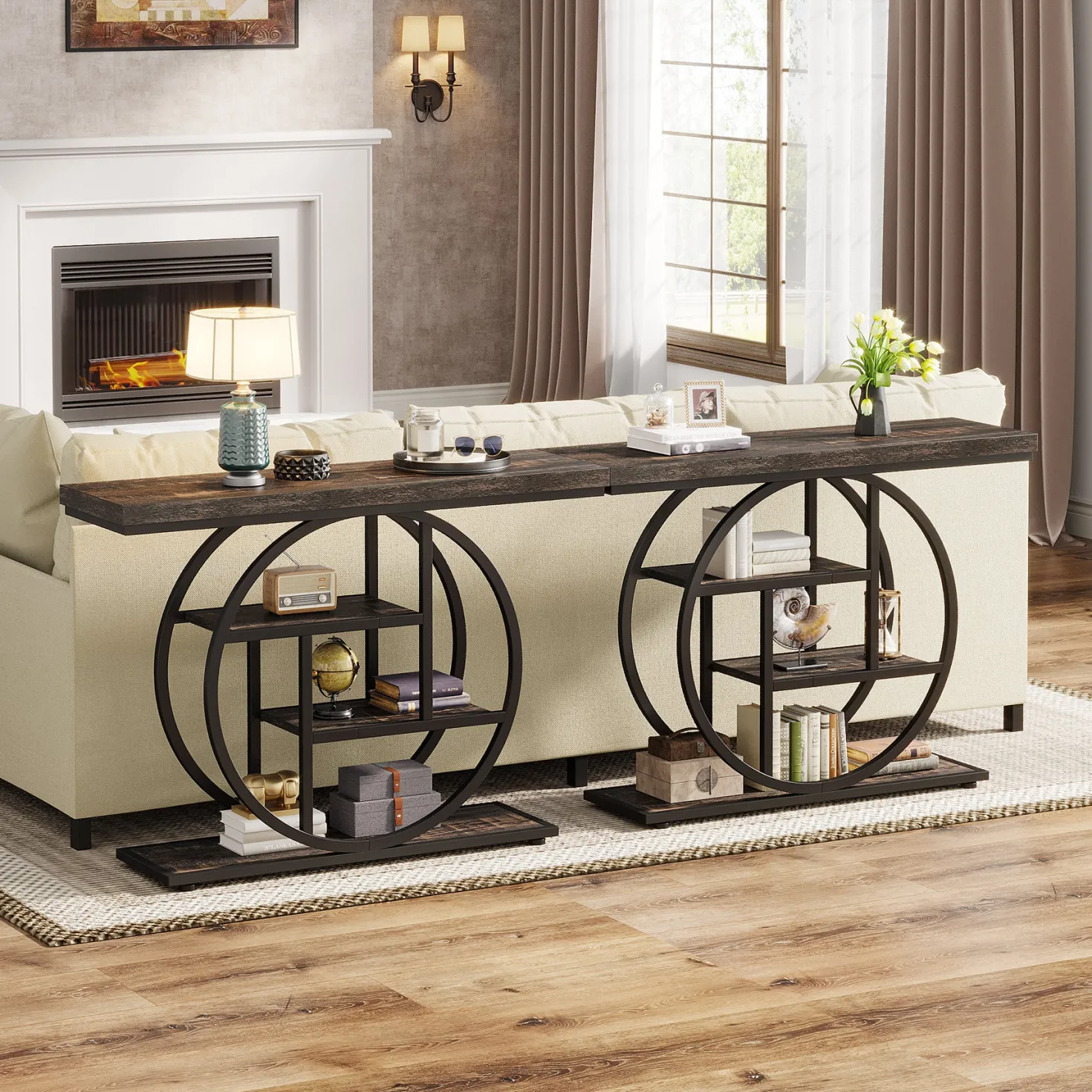 41.3" Console Table, Industrial 4-Tier Sofa Table Entryway Table with Circle Base