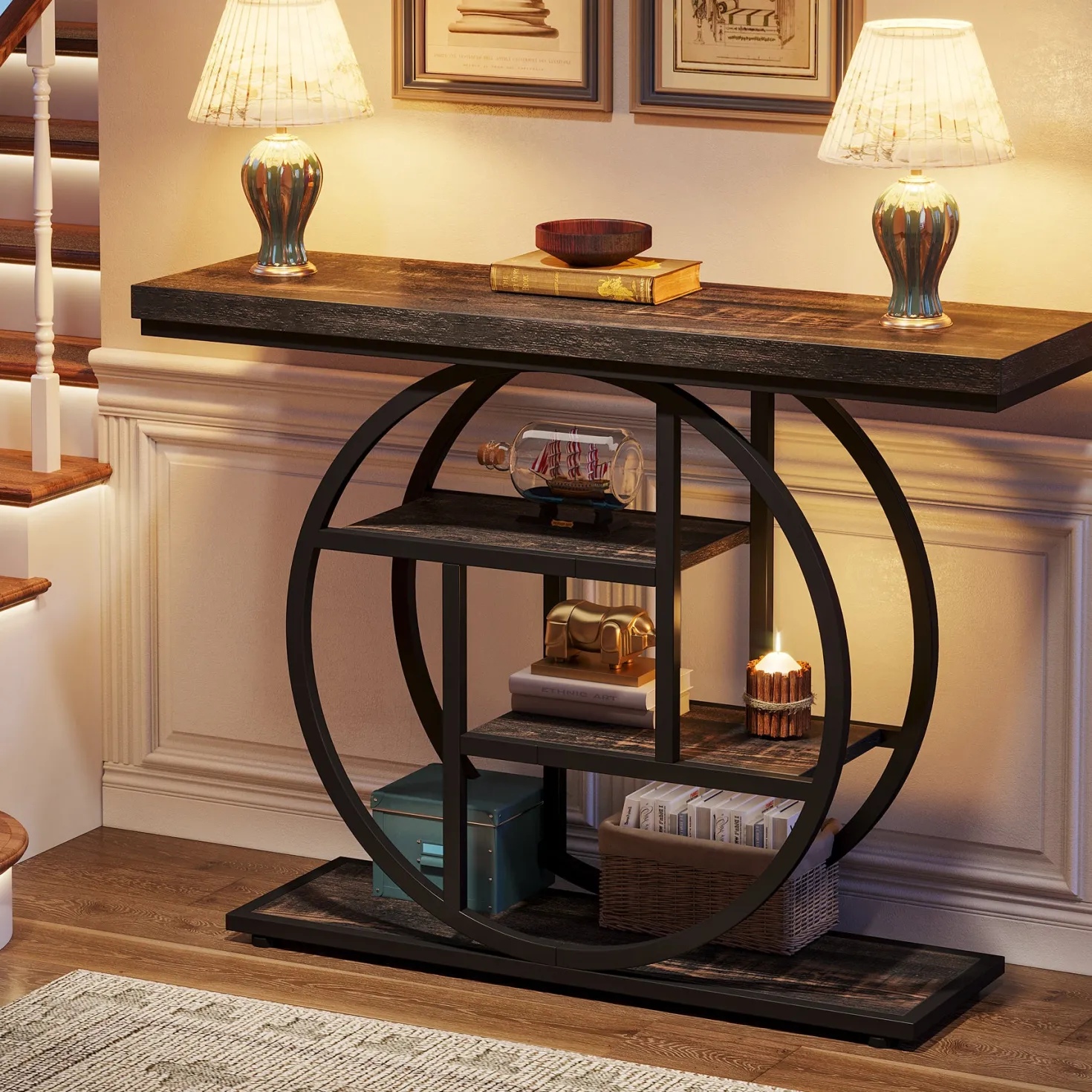 41.3" Console Table, Industrial 4-Tier Sofa Table Entryway Table with Circle Base