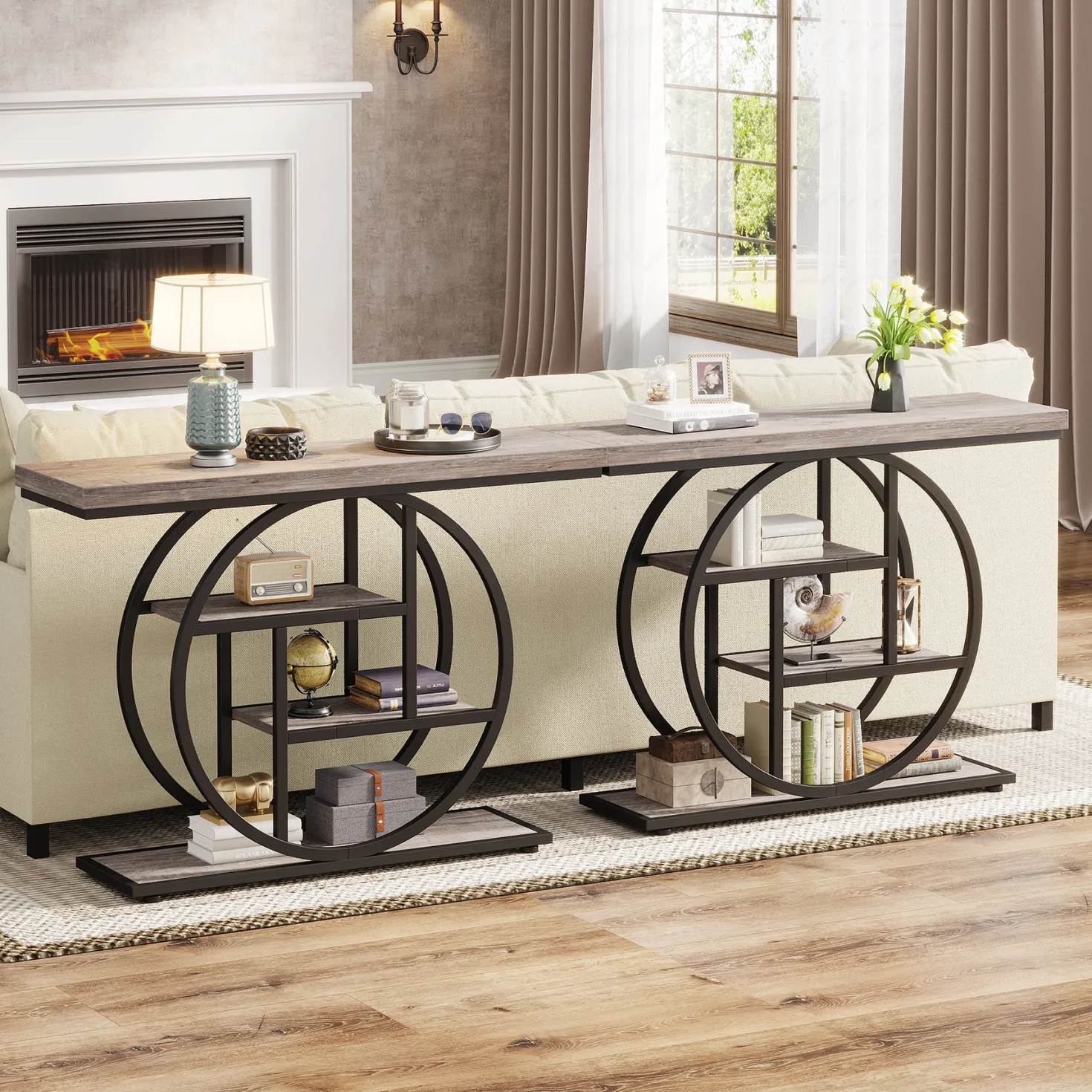 41.3" Console Table, Industrial 4-Tier Sofa Table Entryway Table with Circle Base