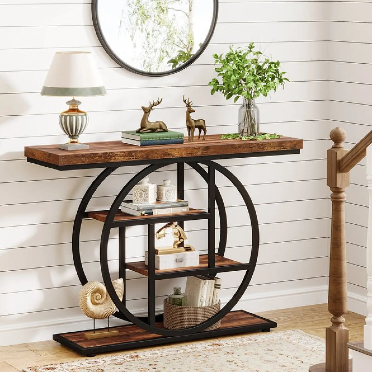 41.3" Console Table, Industrial 4-Tier Sofa Table Entryway Table with Circle Base