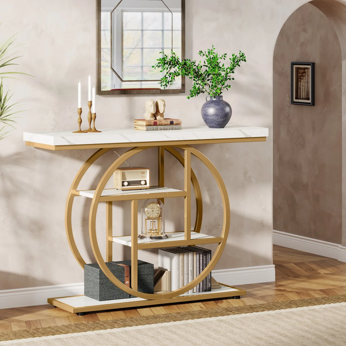 41.3" Console Table, Industrial 4-Tier Sofa Table Entryway Table with Circle Base