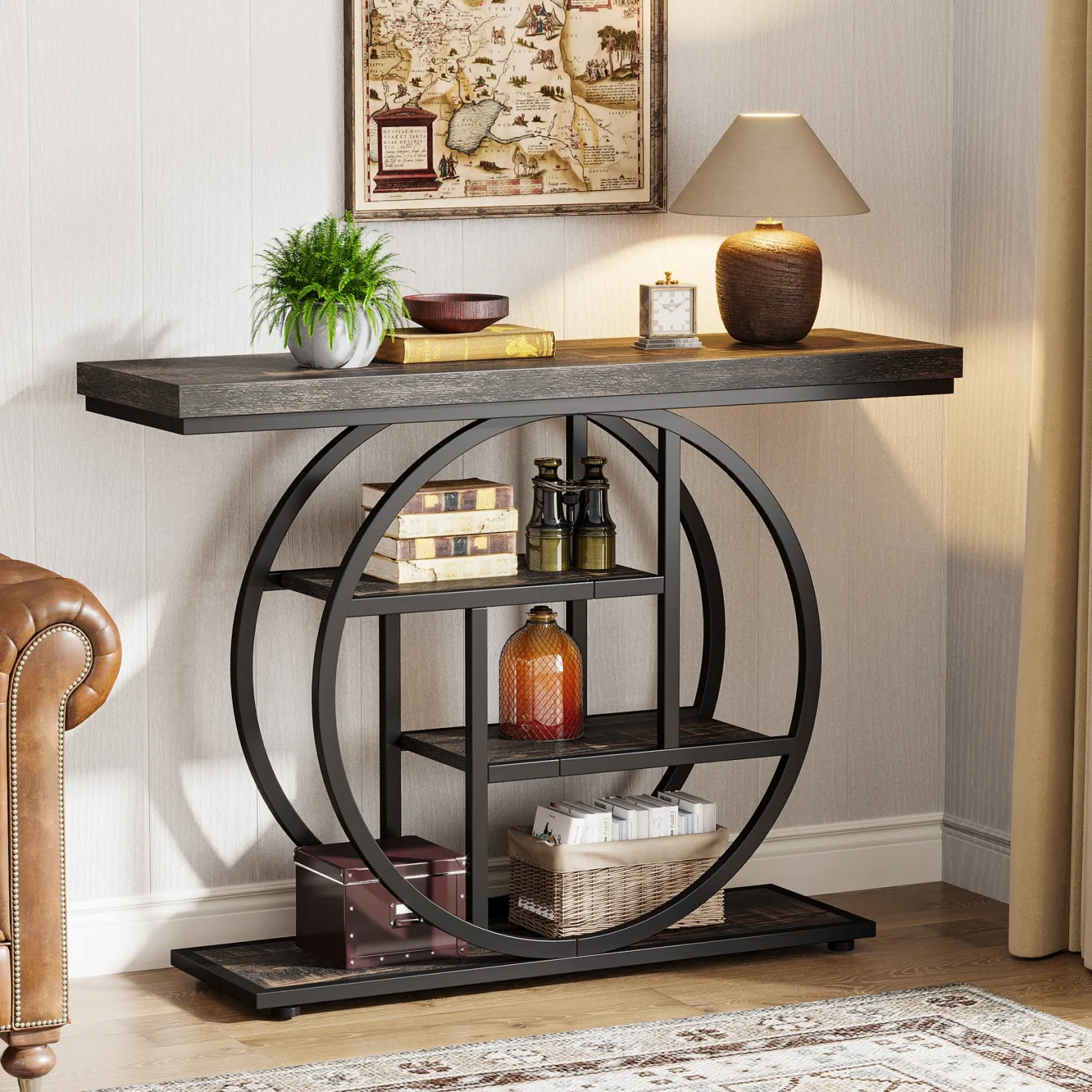 41.3" Console Table, Industrial 4-Tier Sofa Table Entryway Table with Circle Base