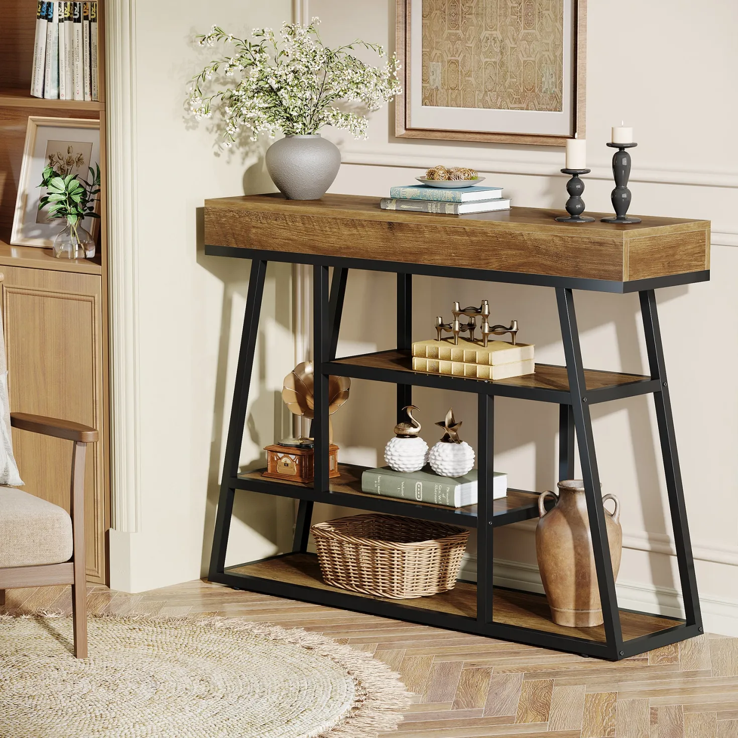 41.3" Console Table, Industrial Entryway Sofa Table with 4-Tier Shelves