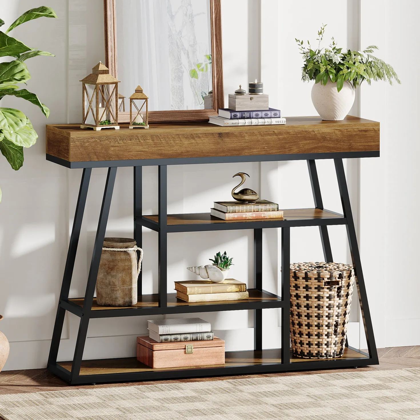 41.3" Console Table, Industrial Entryway Sofa Table with 4-Tier Shelves